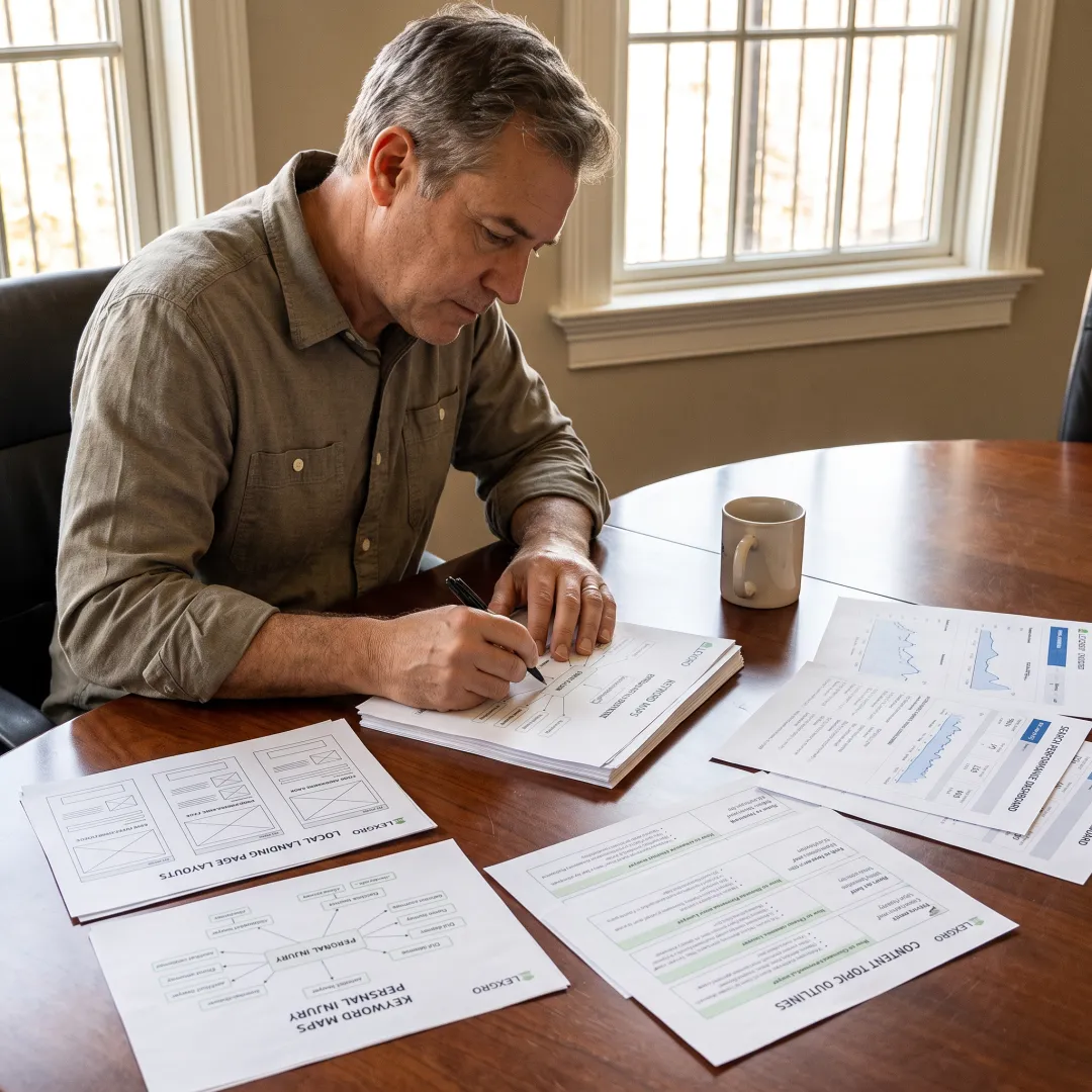 SEO strategist planning a law firm content campaign