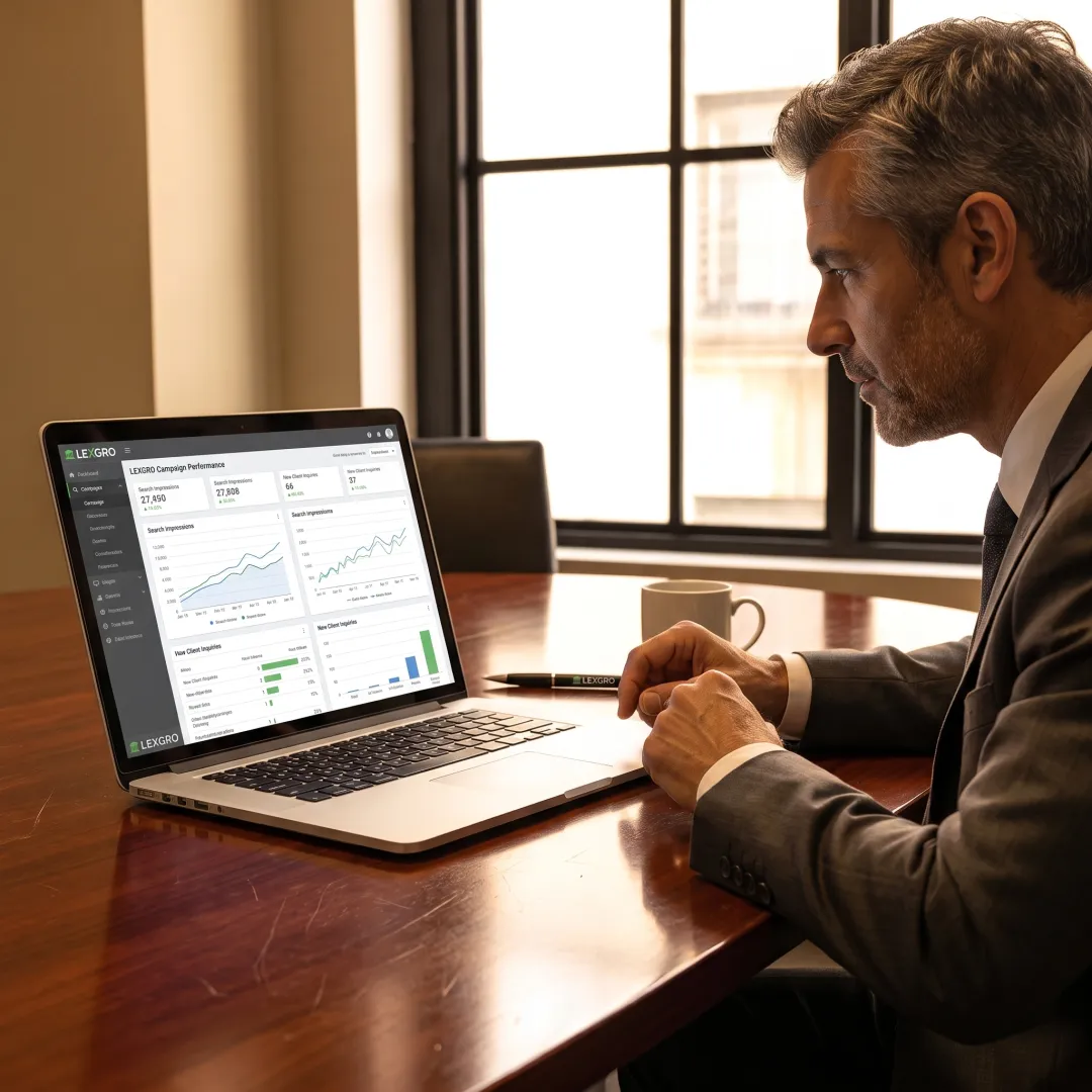 Attorney and marketing strategist reviewing law firm growth data