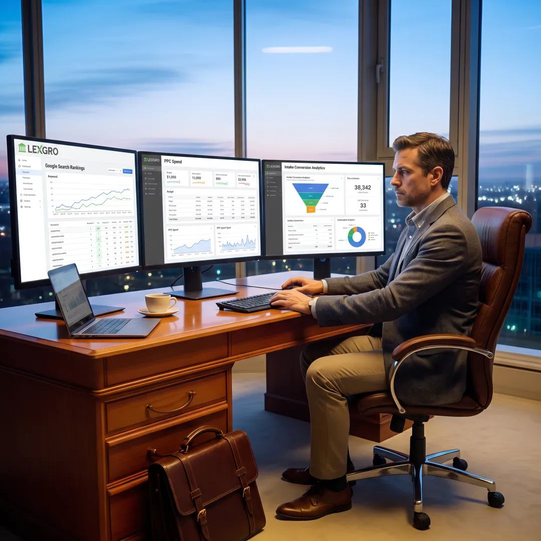 Legal marketing professional reviewing digital campaign data