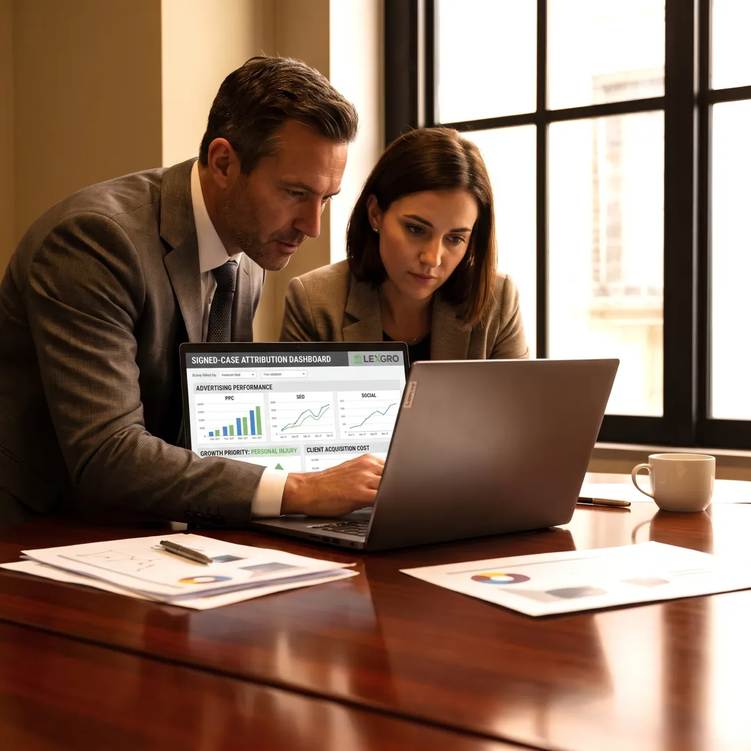 Attorney and marketing strategist reviewing campaign performance