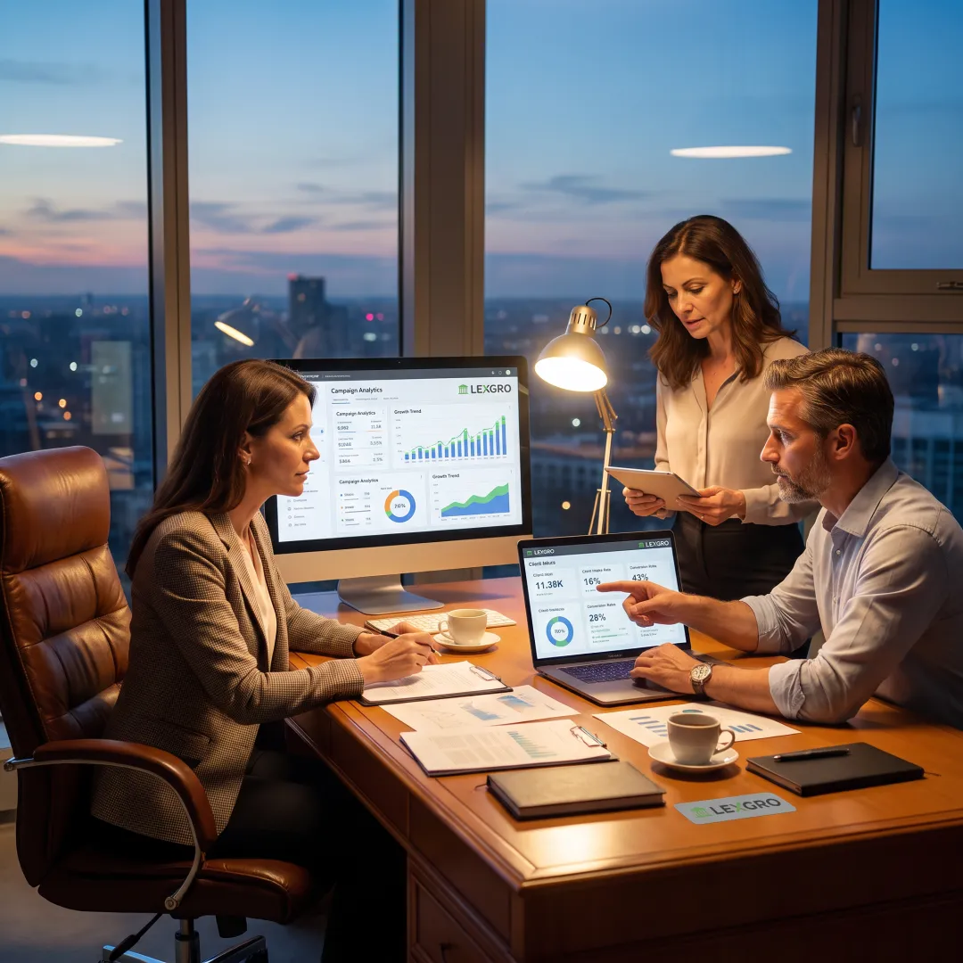 Legal marketing team reviewing law firm growth data