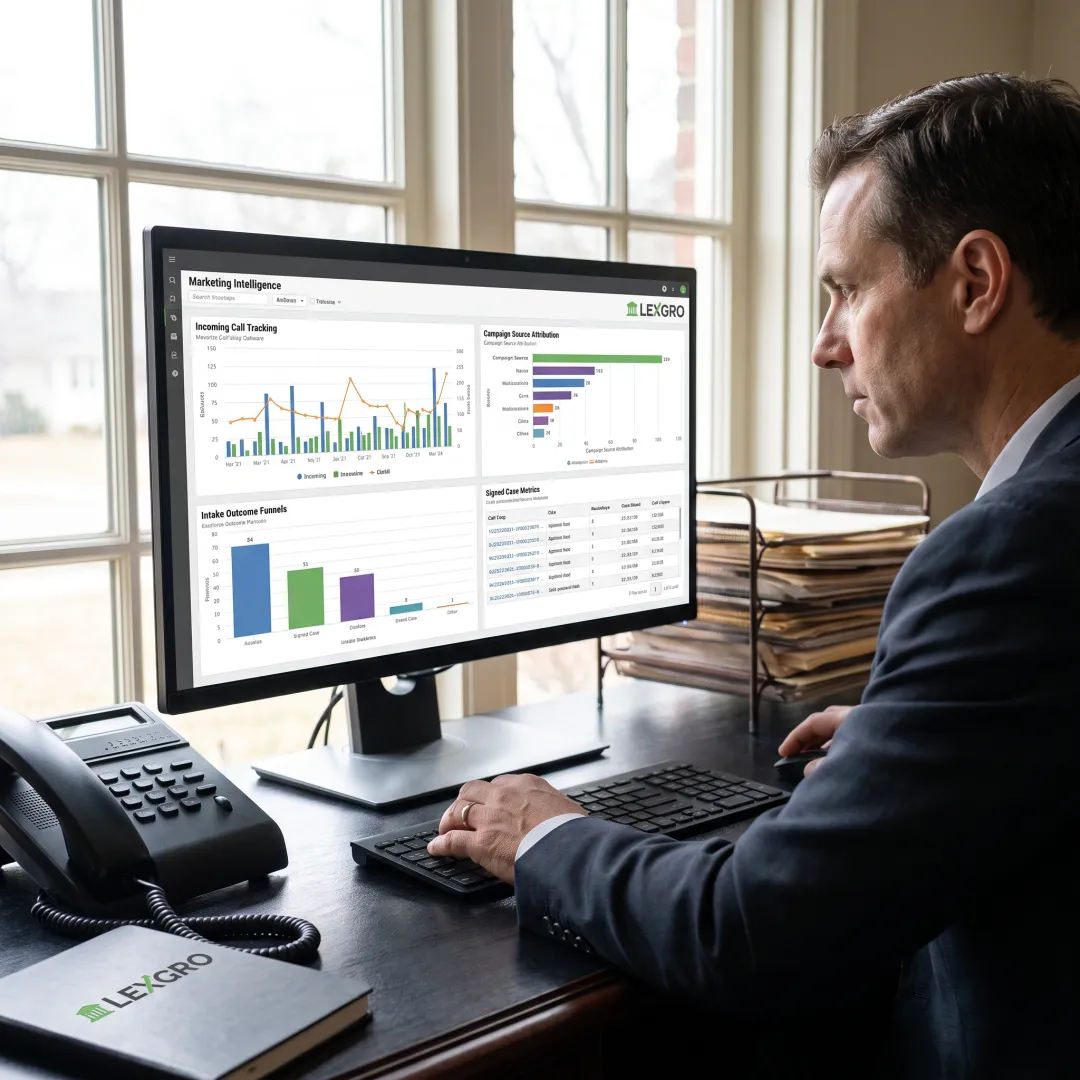 Legal marketing analyst reviewing call tracking data