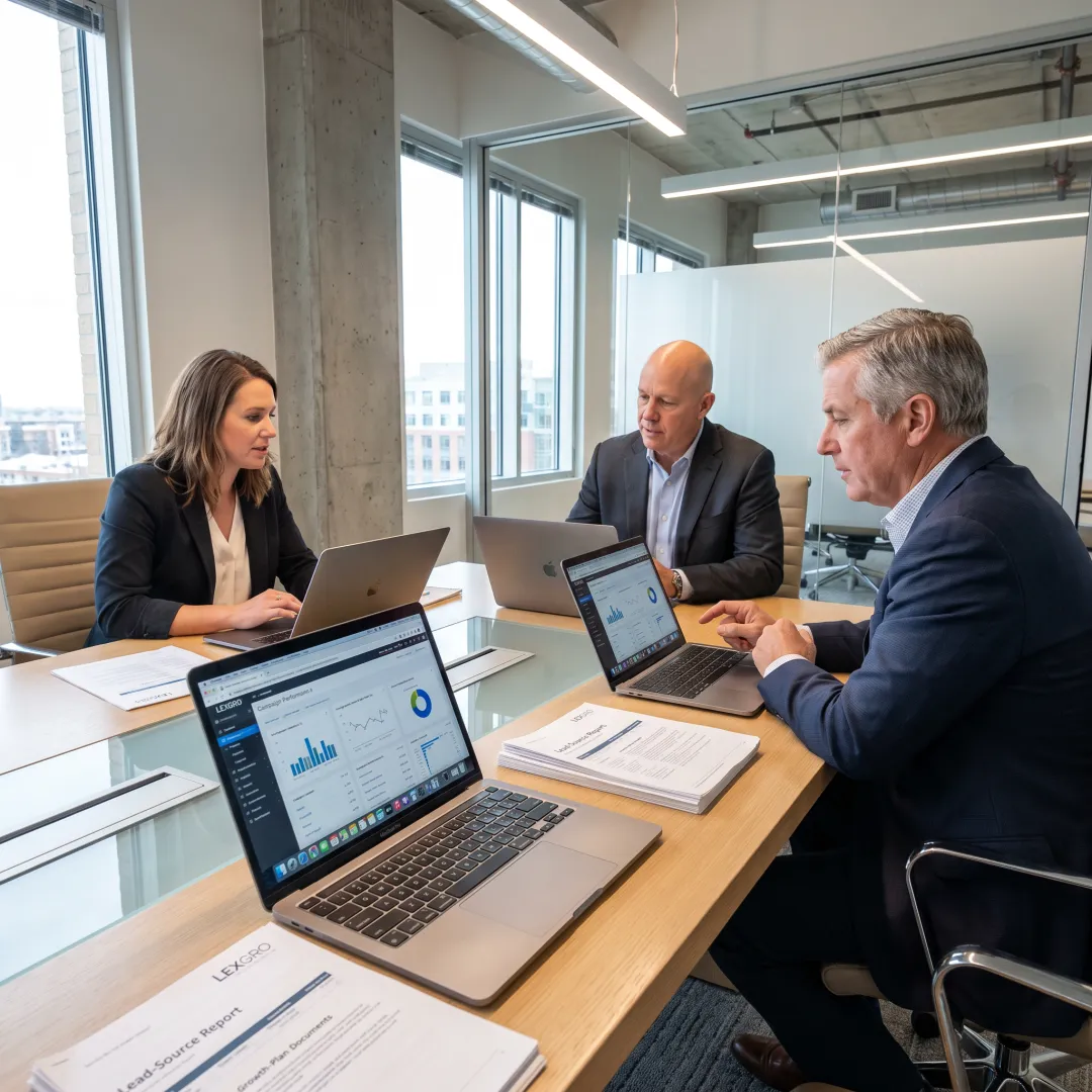 Legal marketing strategist reviewing campaign performance