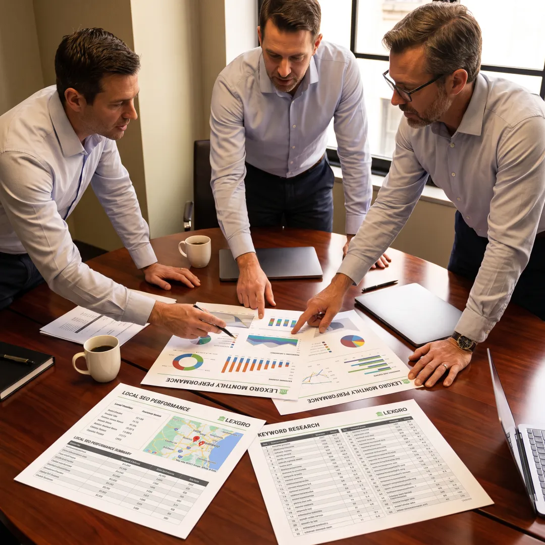 Law firm SEO planning session with analytics dashboard