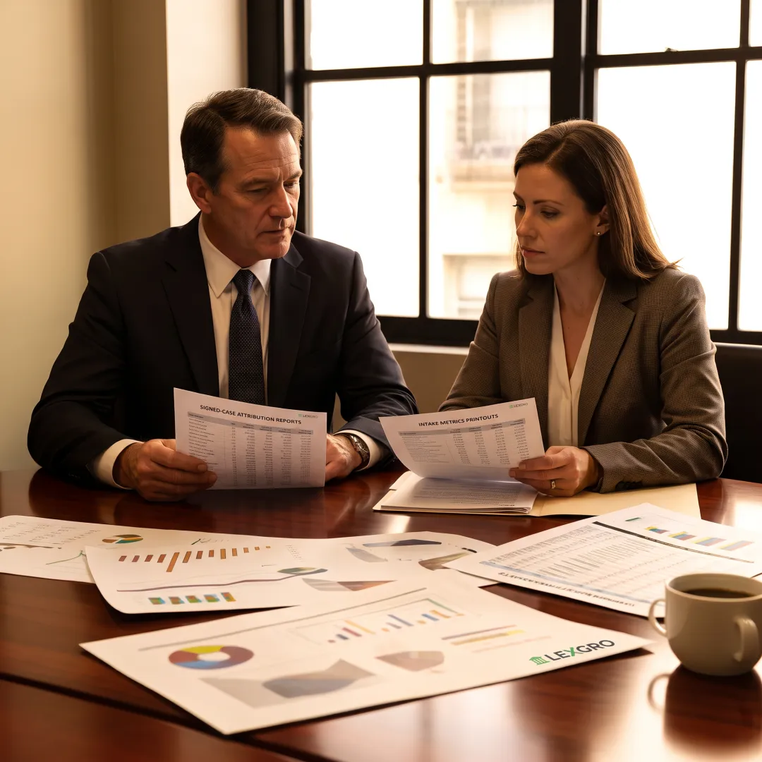 Attorney and marketing advisor discussing campaign performance