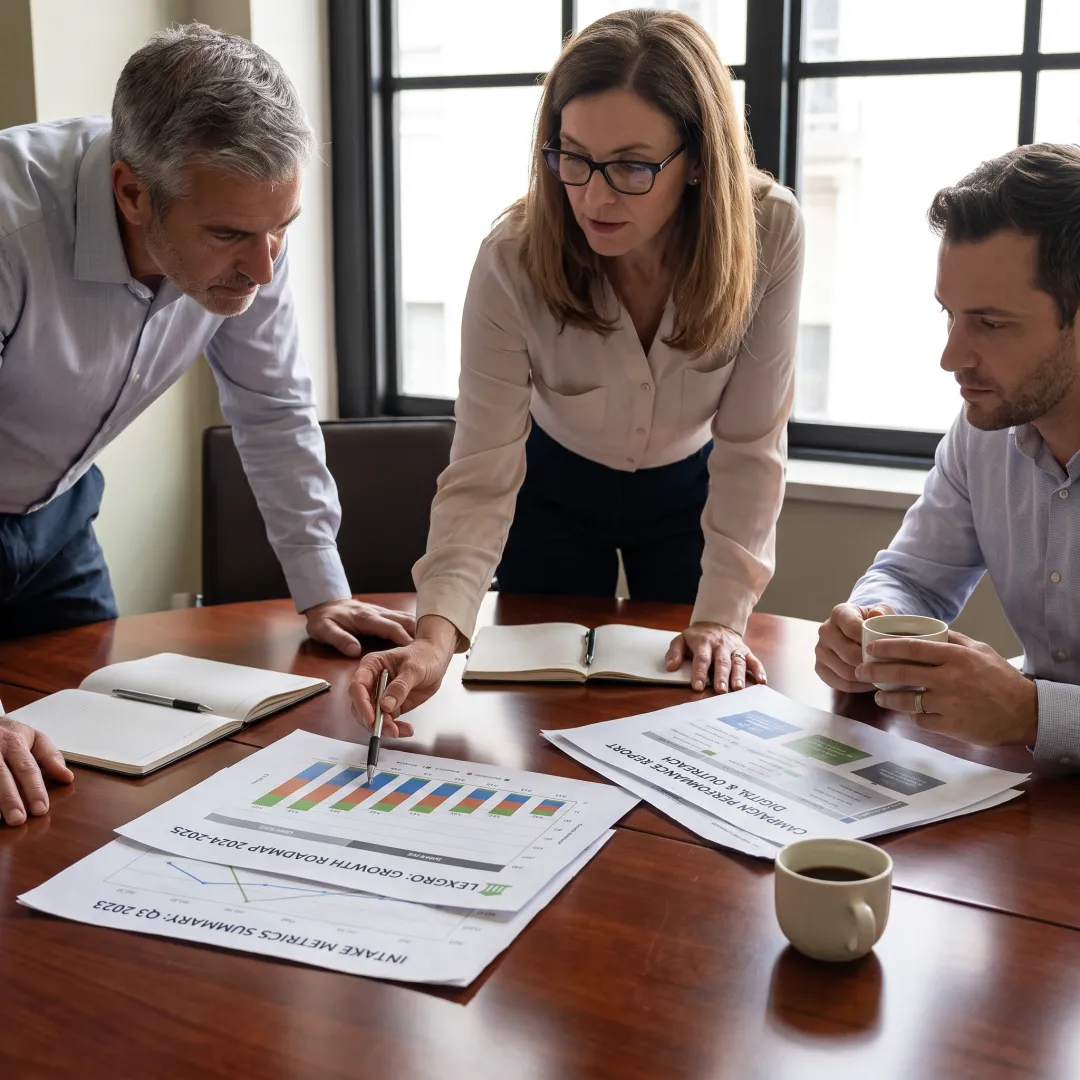 Law firm leaders reviewing a marketing growth plan