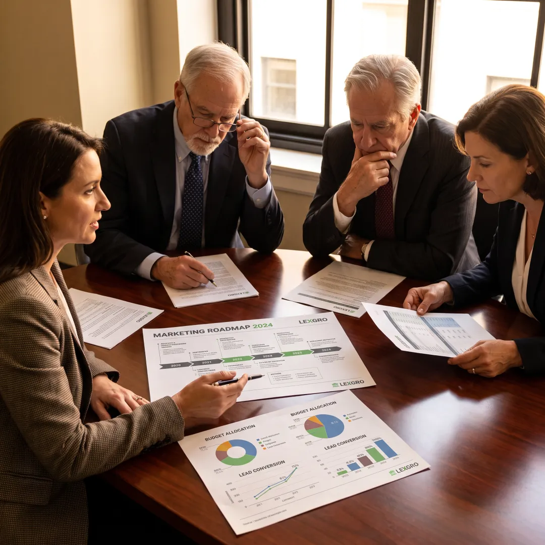 Law firm leaders discussing a marketing growth plan