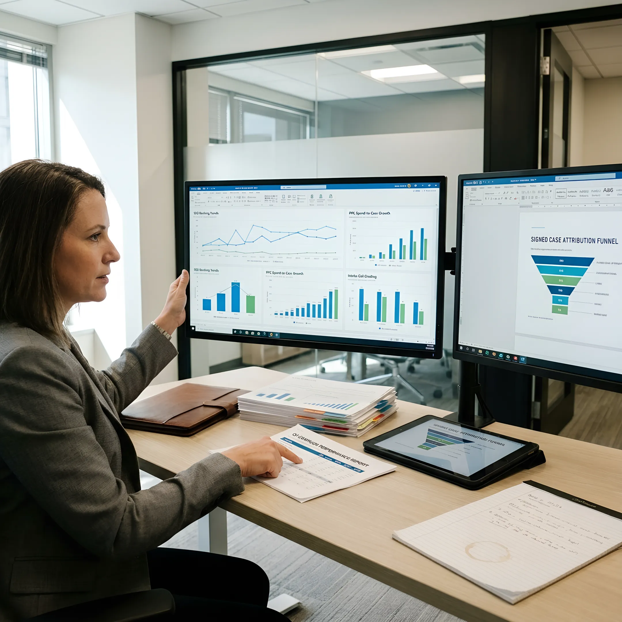 Legal marketing strategist reviewing law firm growth data and campaign reports