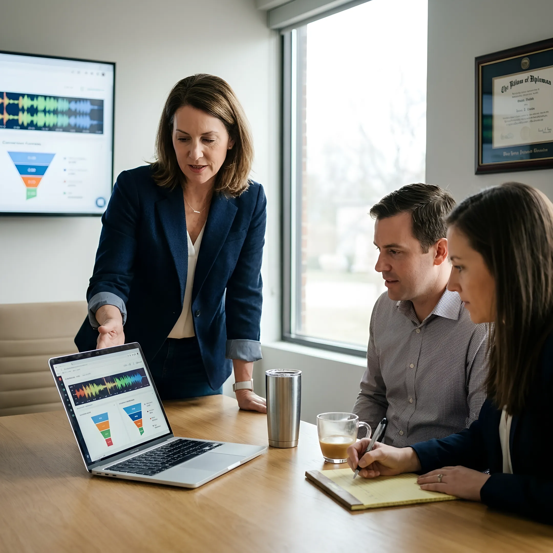 Law firm intake coach reviewing call performance with a legal intake team