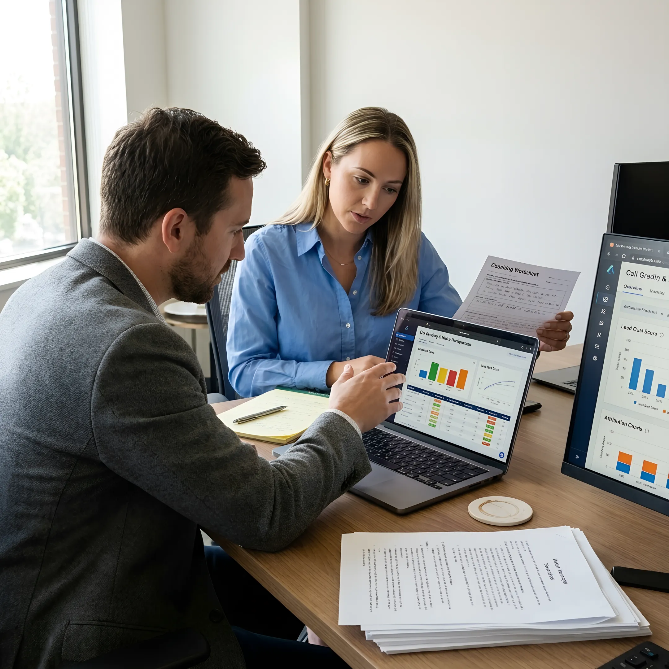 Legal intake specialist reviewing a prospective client call with a law firm team