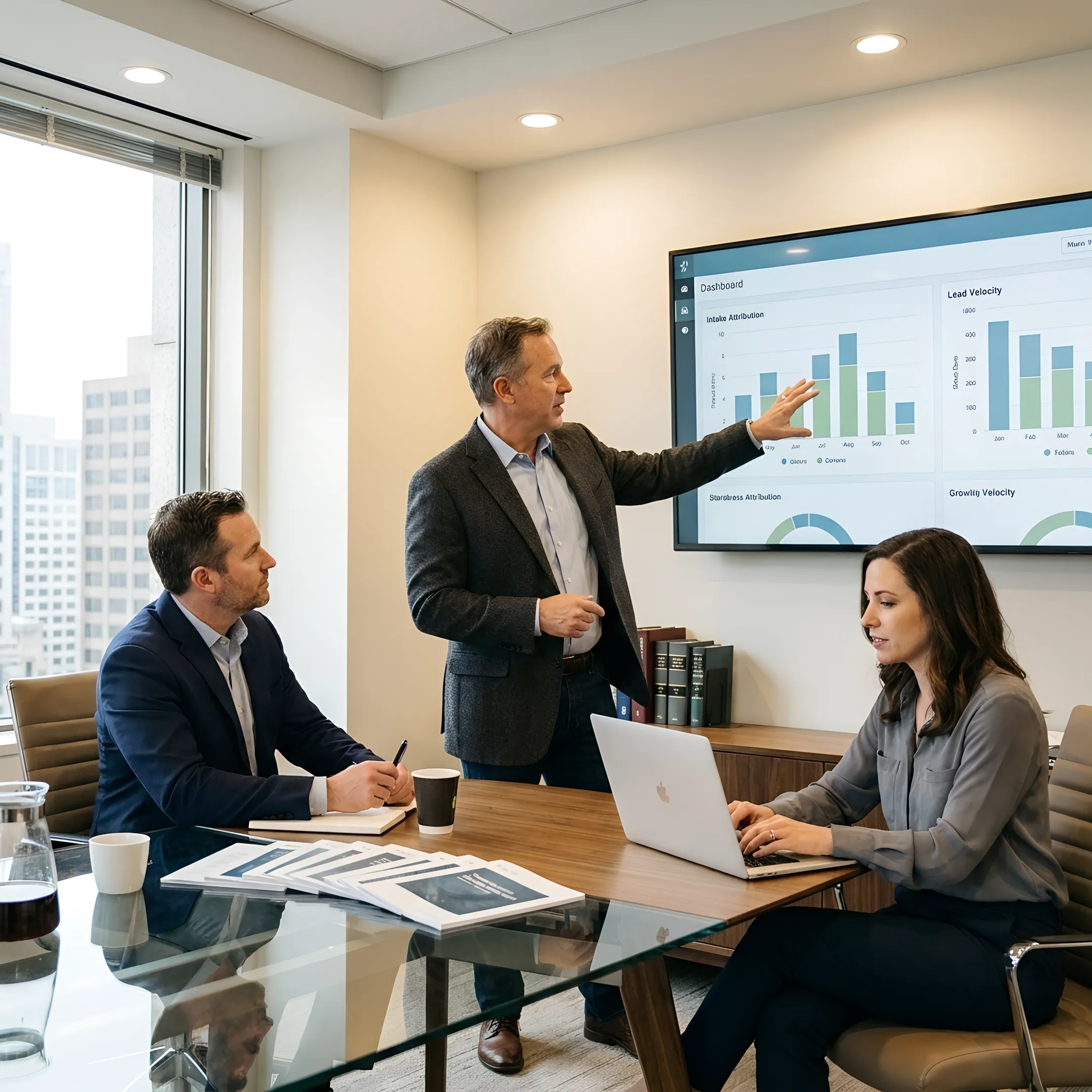 Consultant presenting law firm growth strategy and marketing analytics to attorneys