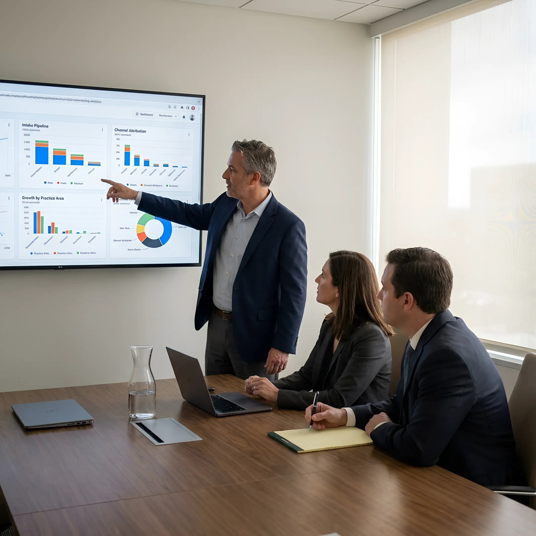 Law firm marketing consultant presenting channel attribution and growth strategy