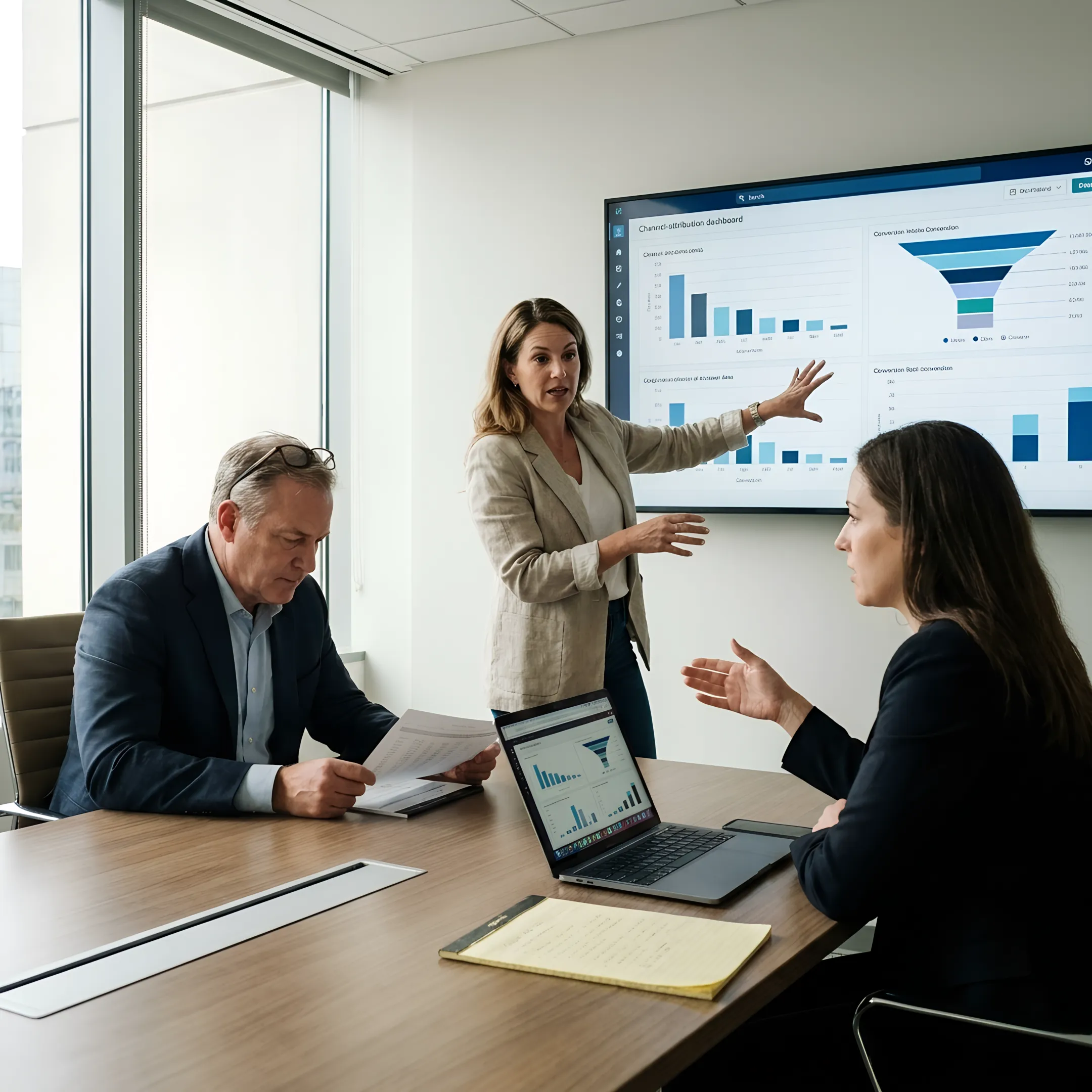 Consultant presenting law firm marketing performance data to attorneys
