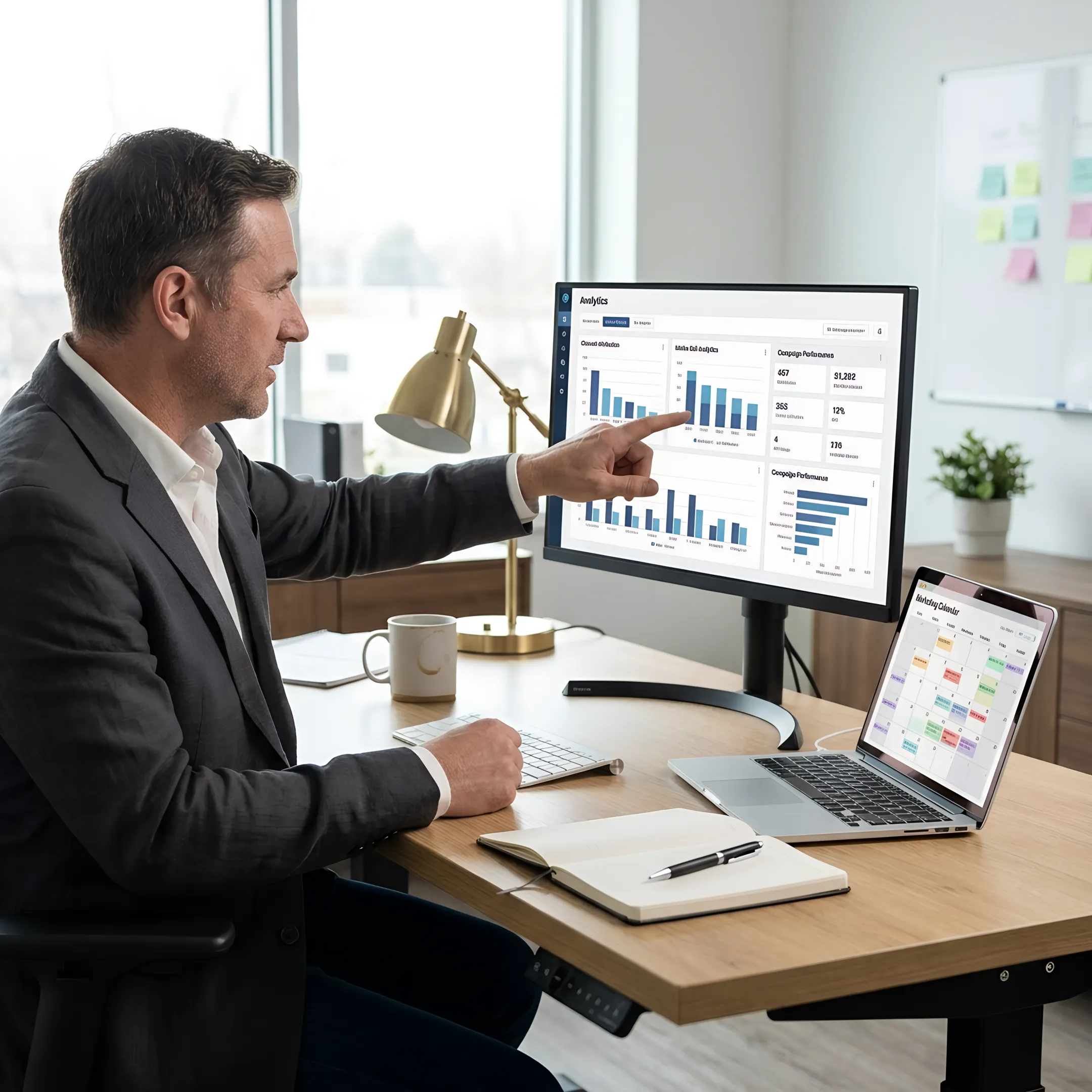 Legal marketing strategist reviewing a law firm growth plan with analytics on screen