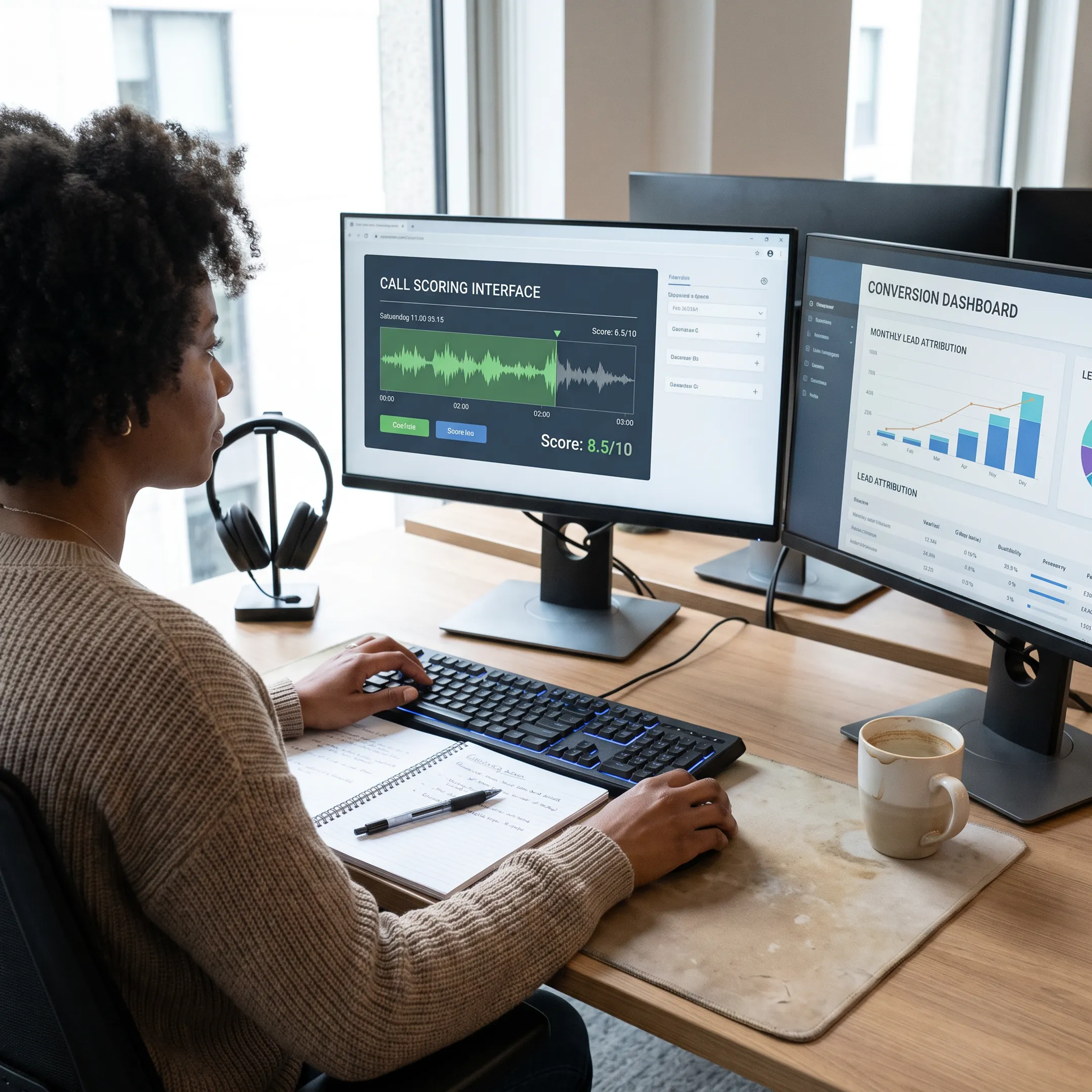Law firm intake professional reviewing a client call performance dashboard