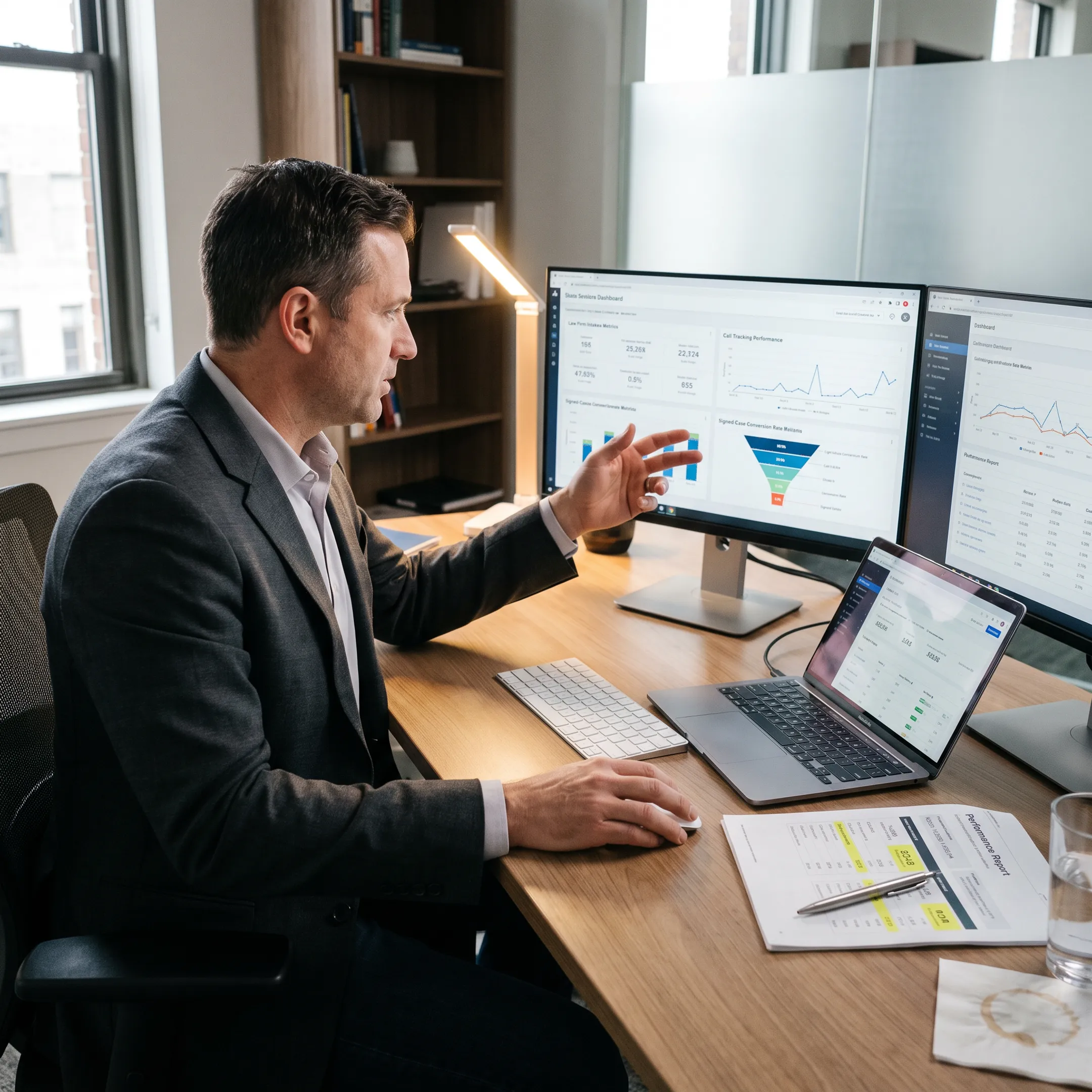 Legal marketing strategist reviewing law firm lead response and intake performance data