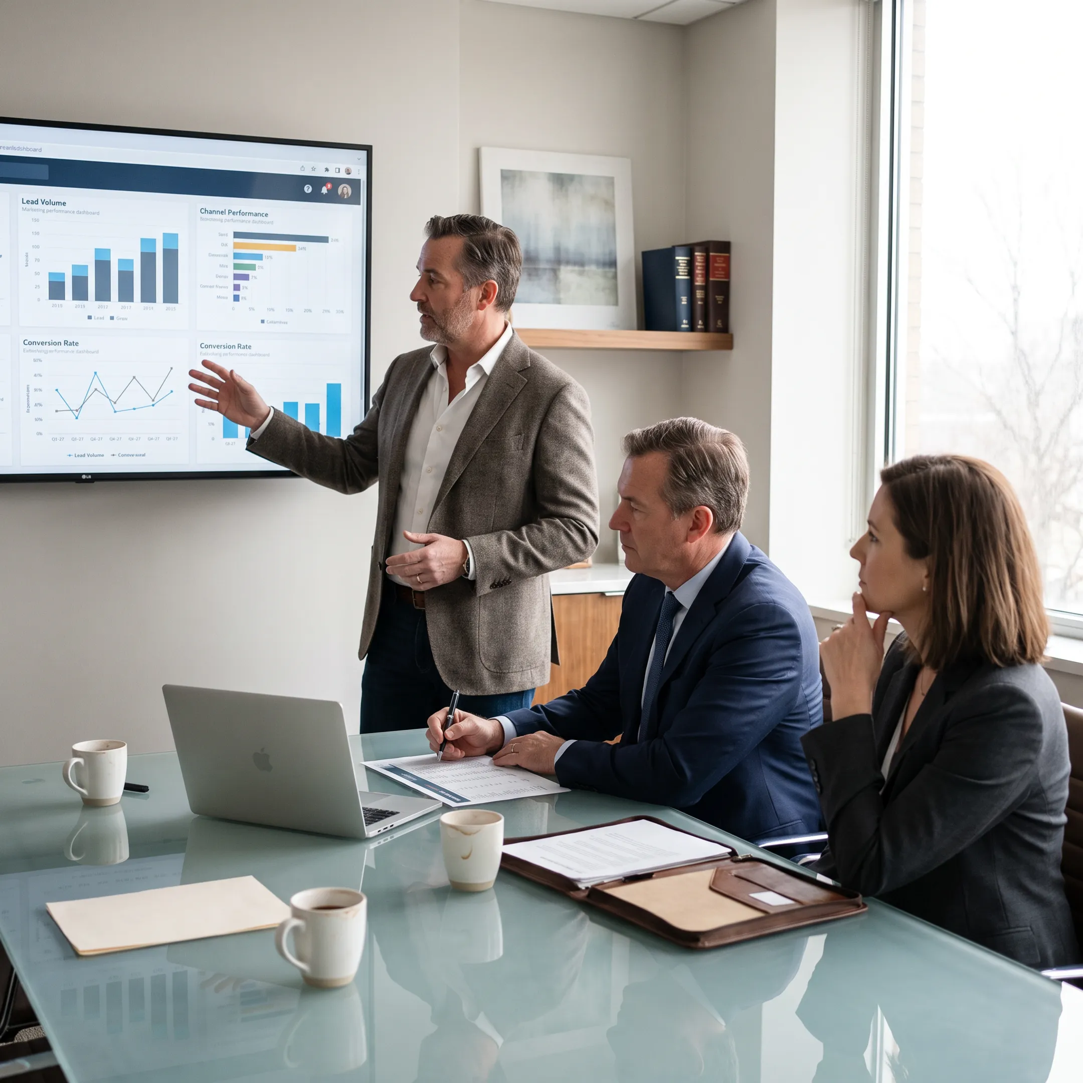 Legal marketing strategist reviewing performance data with law firm partners