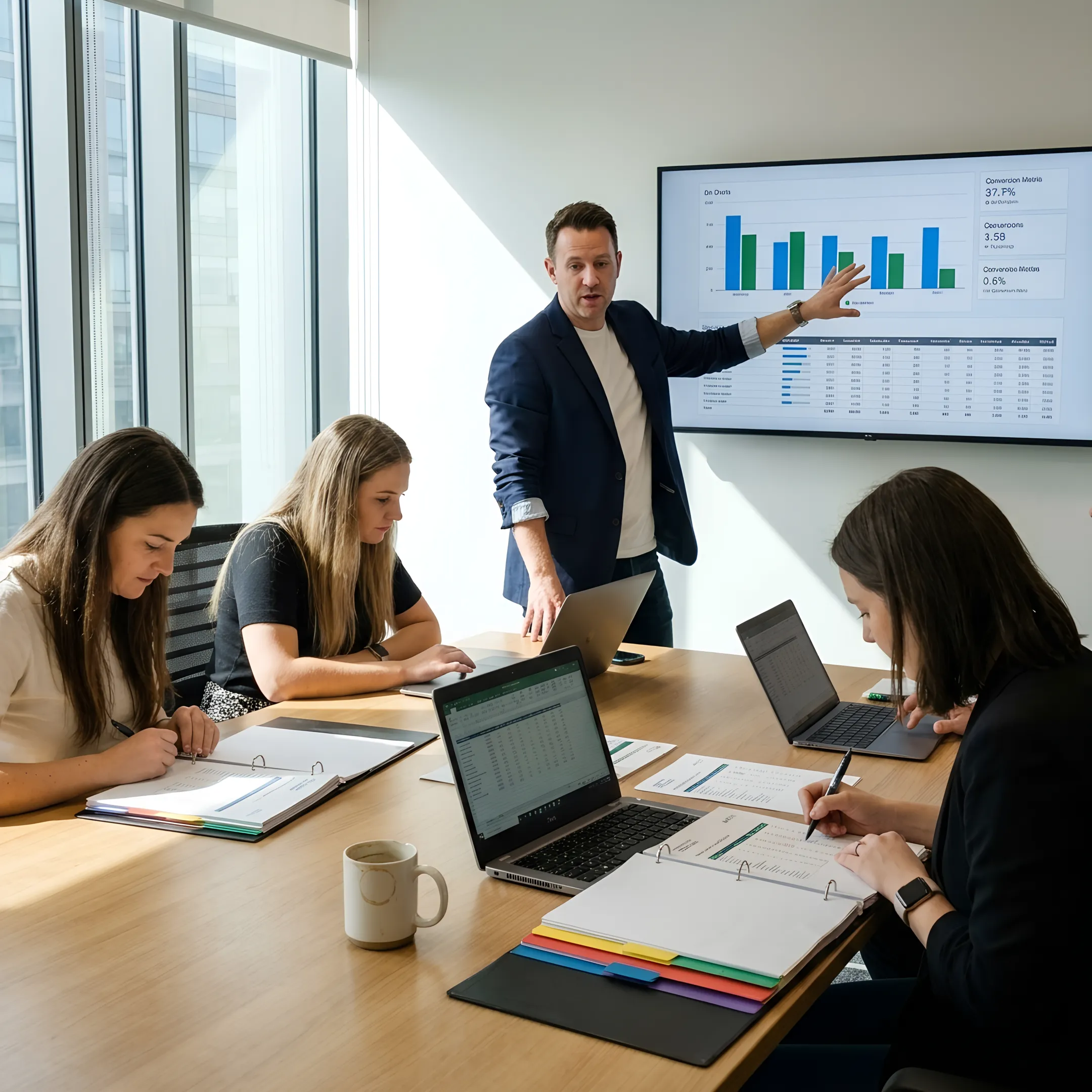 Law firm marketing director reviewing strategy materials with a legal marketing team