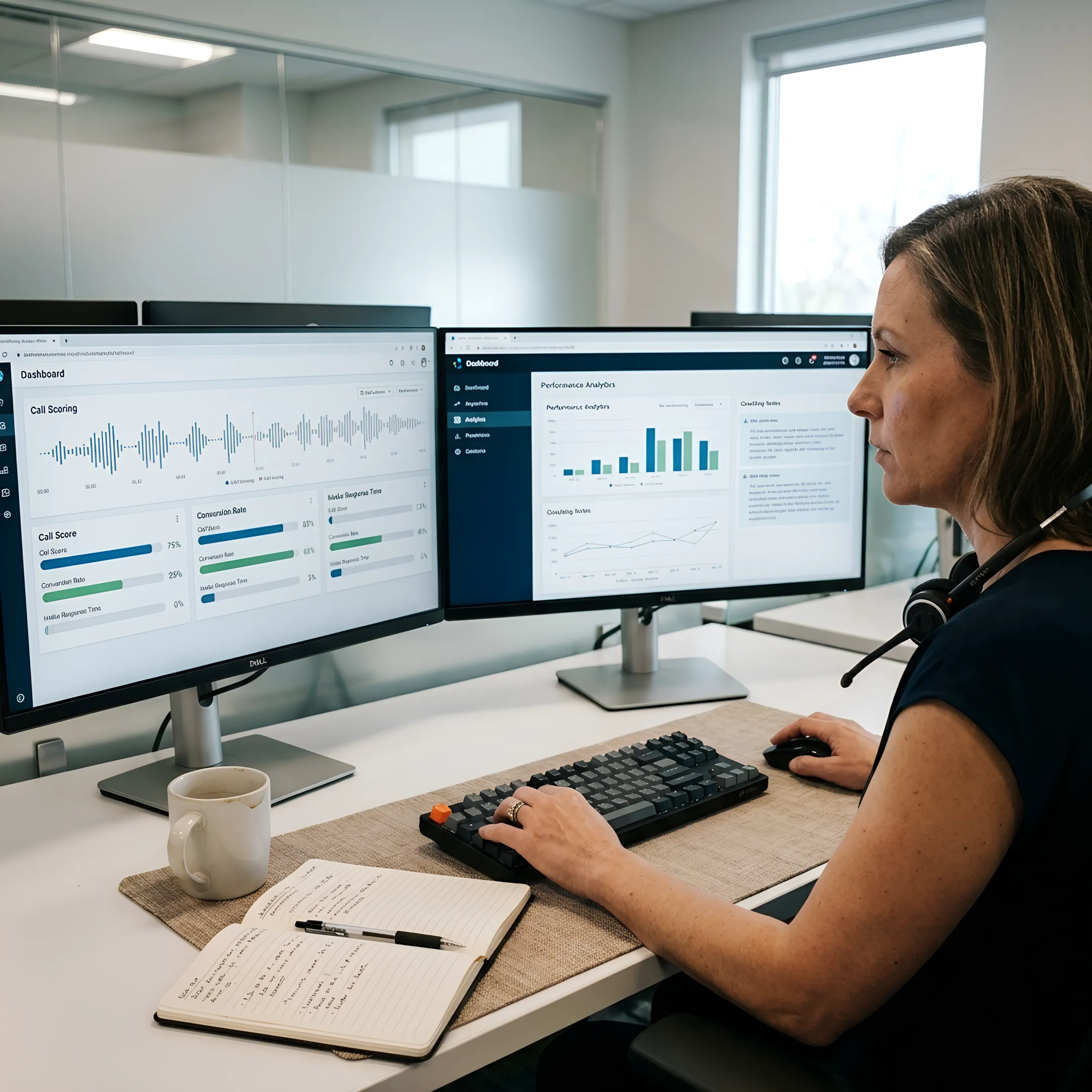 Law firm intake specialist reviewing scored call performance on a marketing analytics dashboard