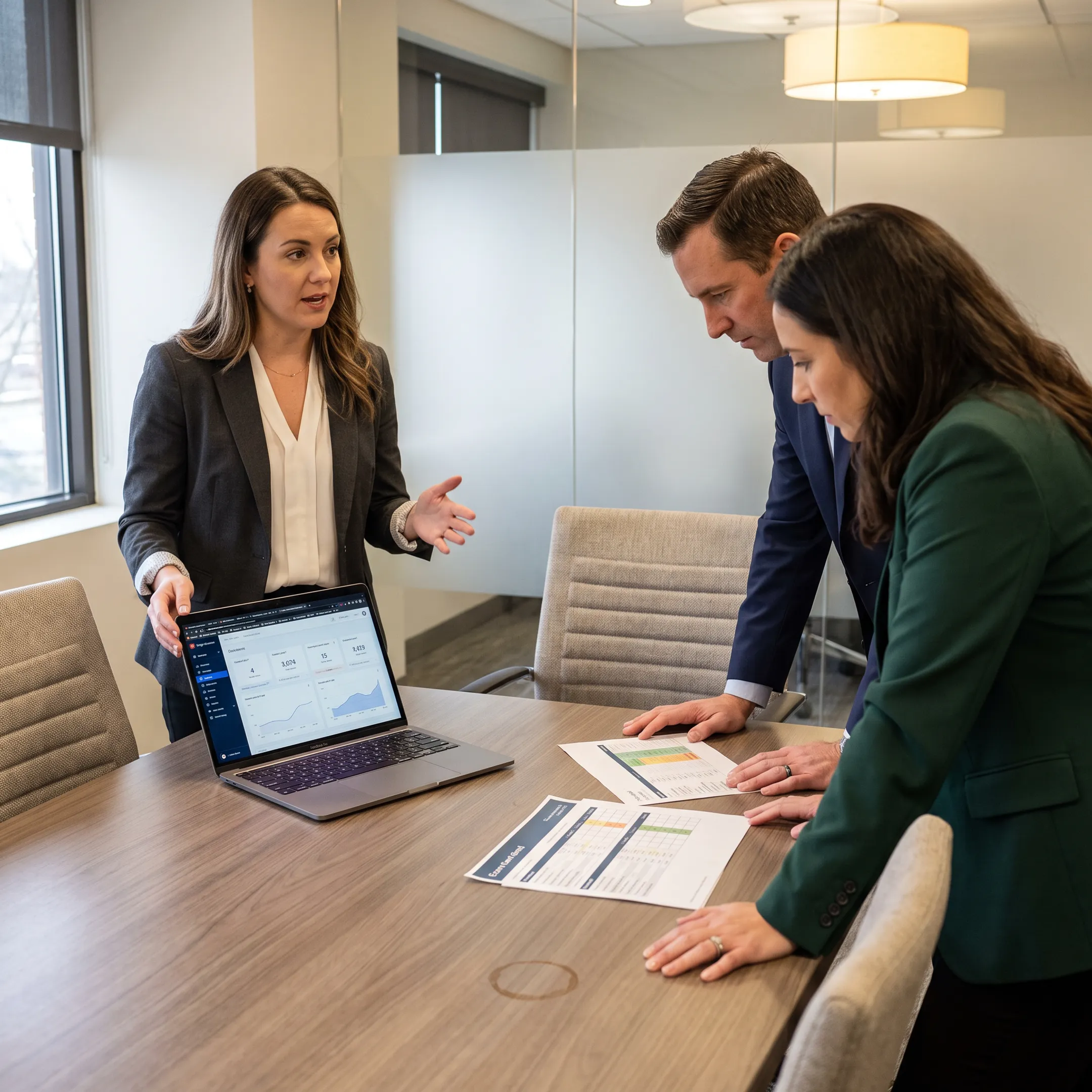 Legal marketing strategist analyzing scored intake calls and signed case data with a law firm team