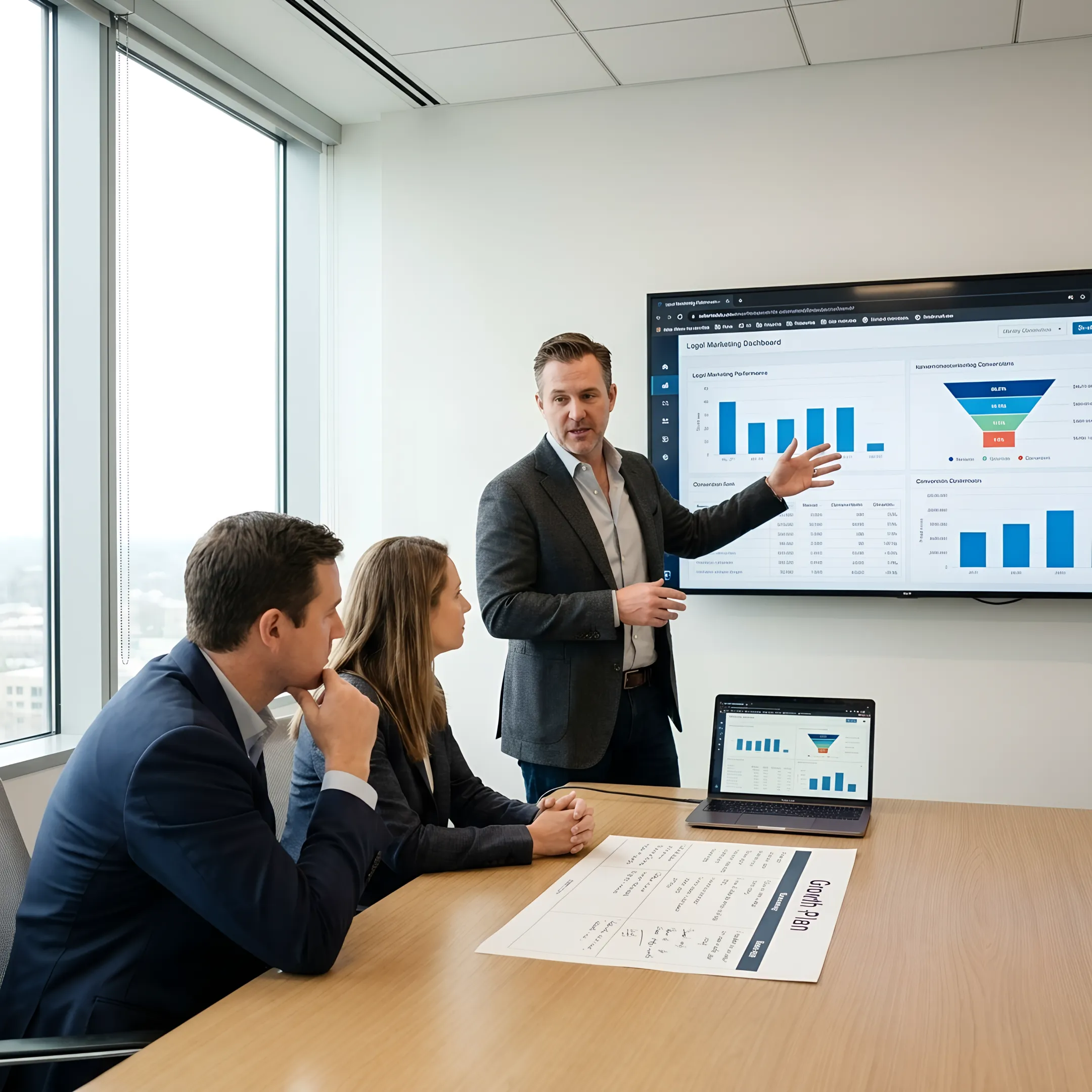 Legal marketing strategist reviewing growth data with law firm leaders