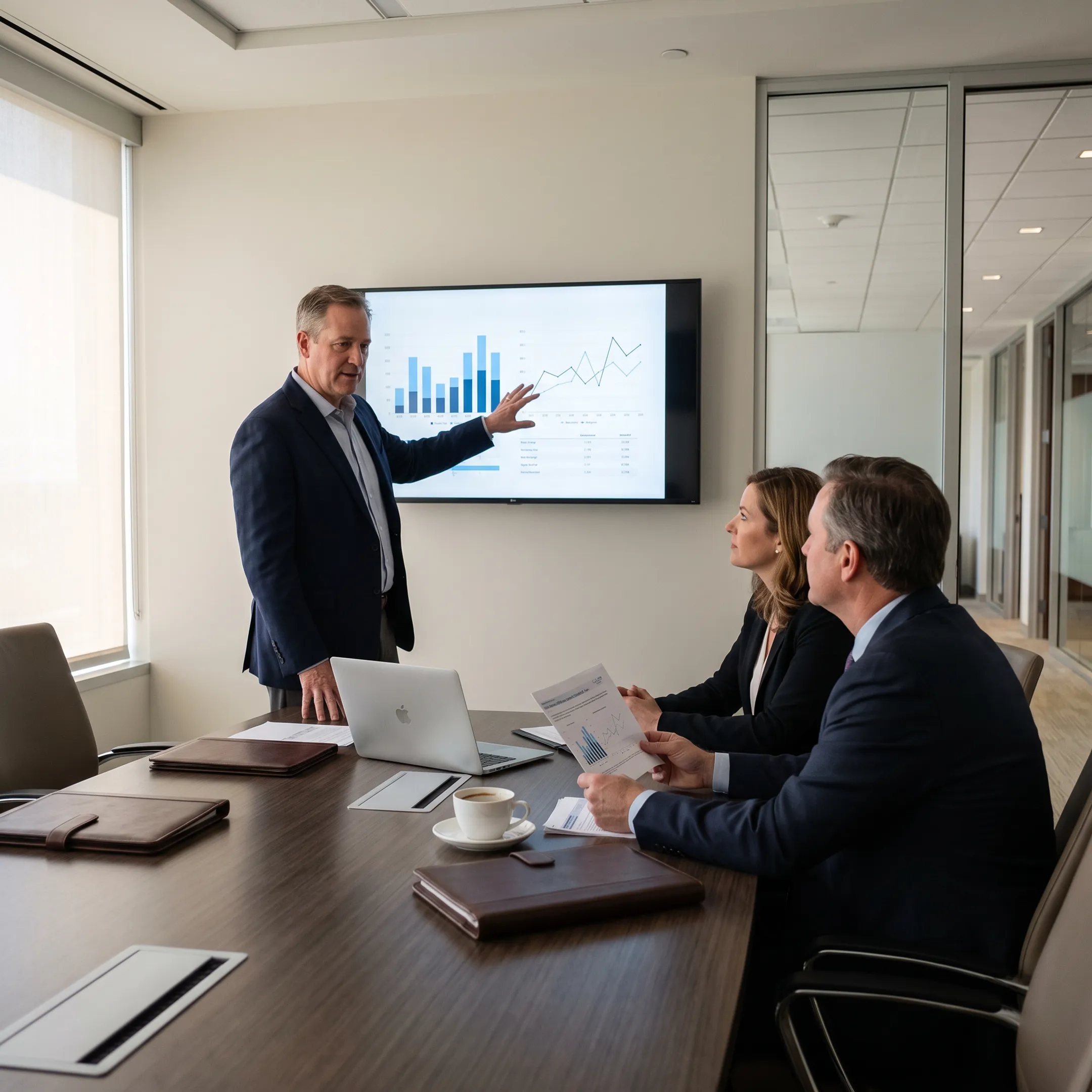 Marketing advisor presenting law firm growth strategy and performance data