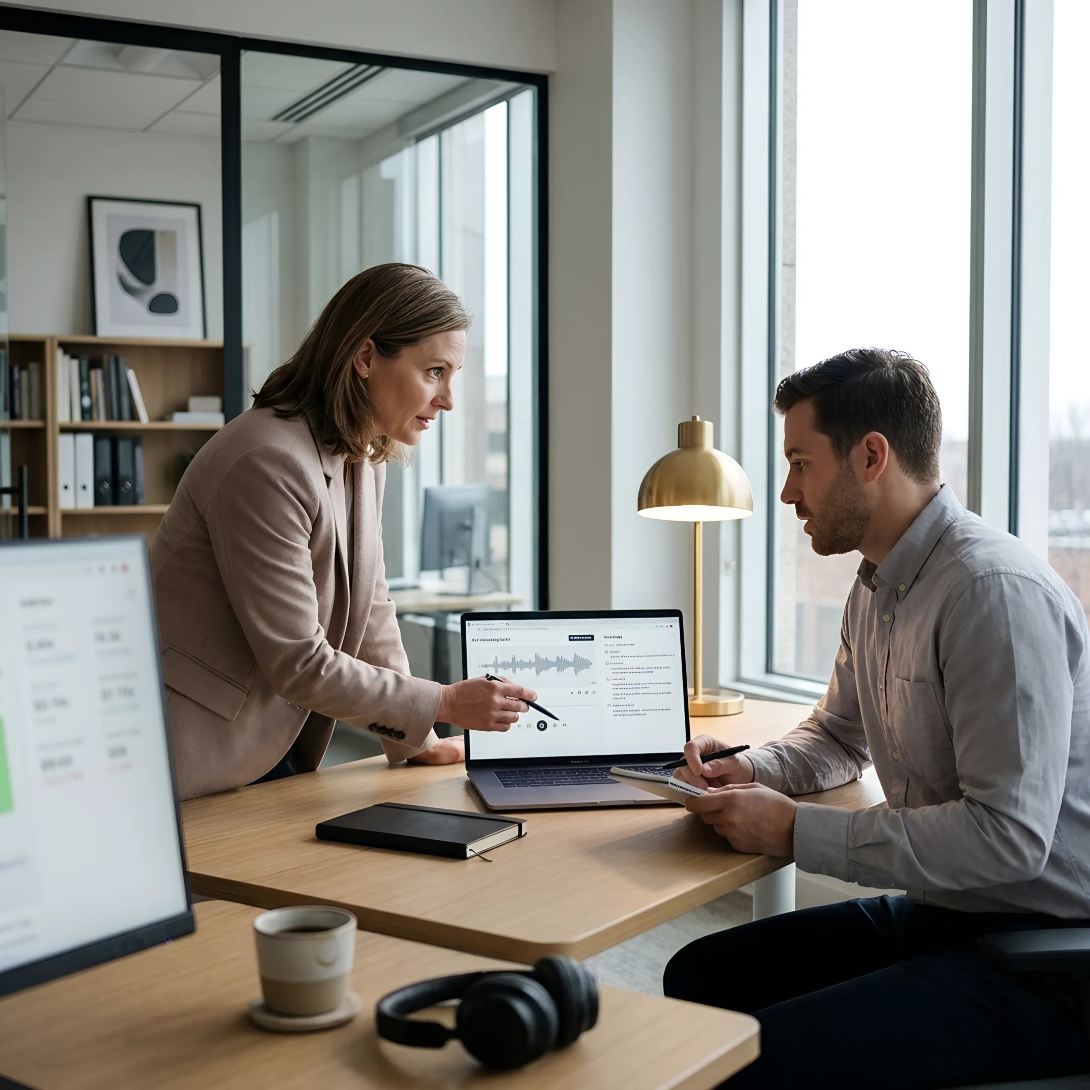 Law firm intake professional reviewing a recorded client call with a coach