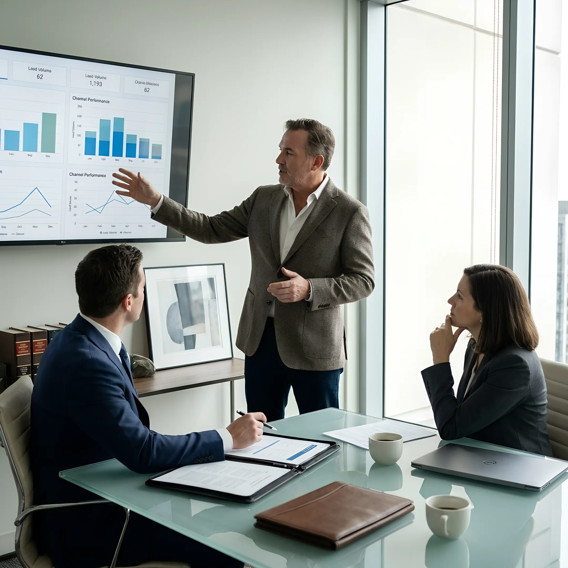 Marketing strategist reviewing growth analytics with law firm leaders