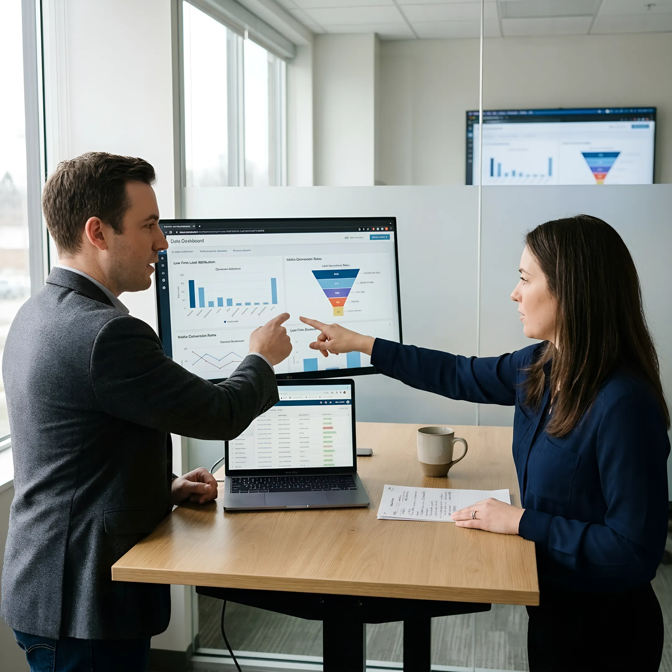 Legal marketing team reviewing law firm lead tracking dashboards