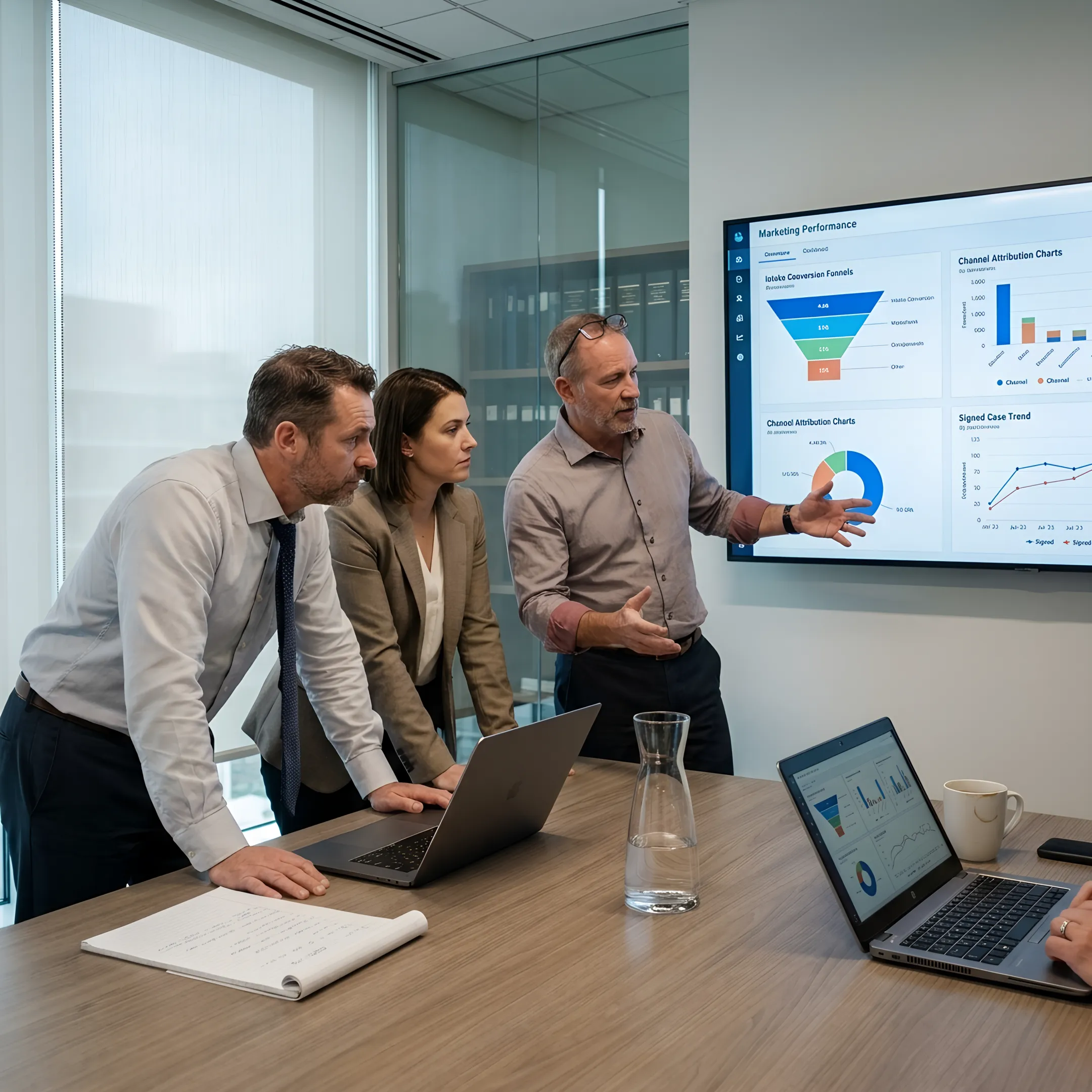 Law firm growth coach reviewing marketing attribution and signed case data