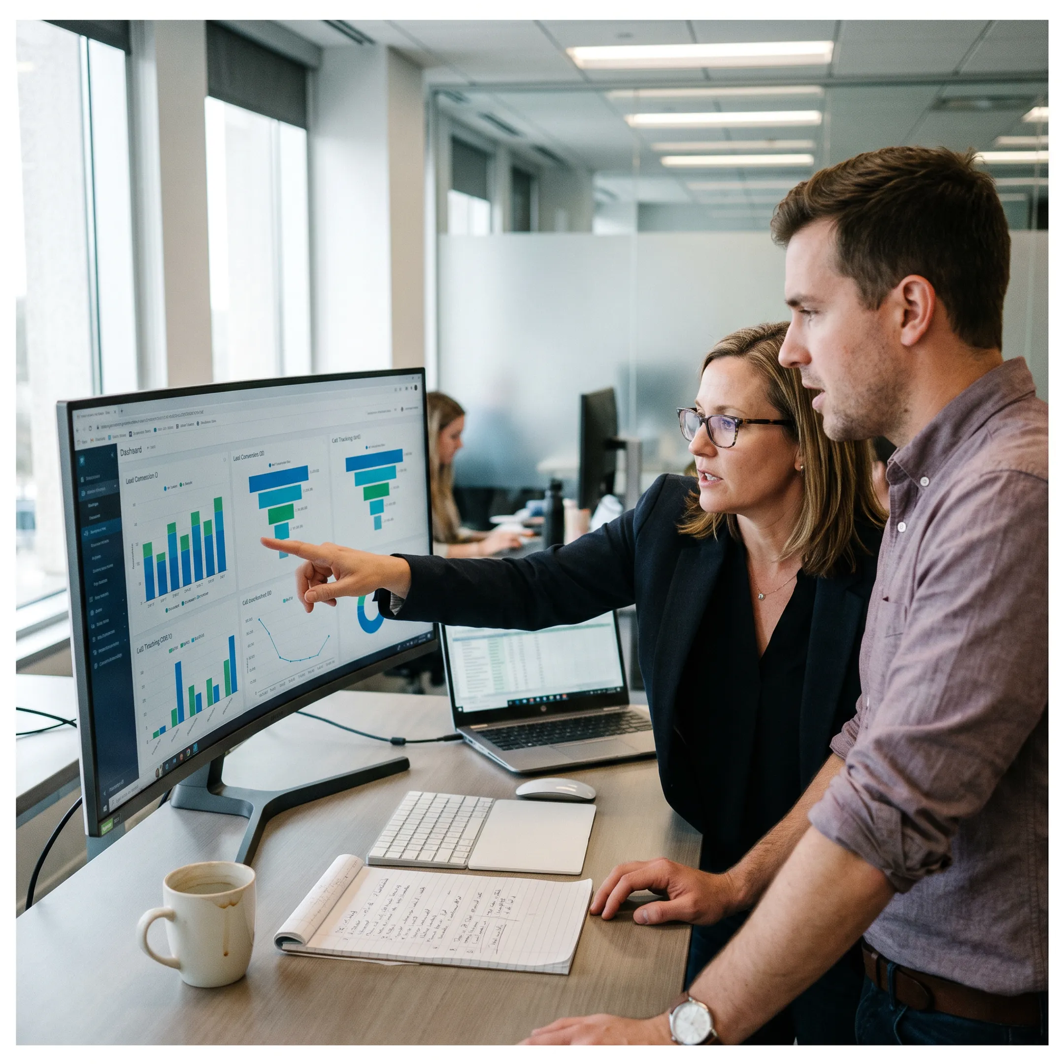Legal marketing team reviewing lead conversion analytics for a law firm