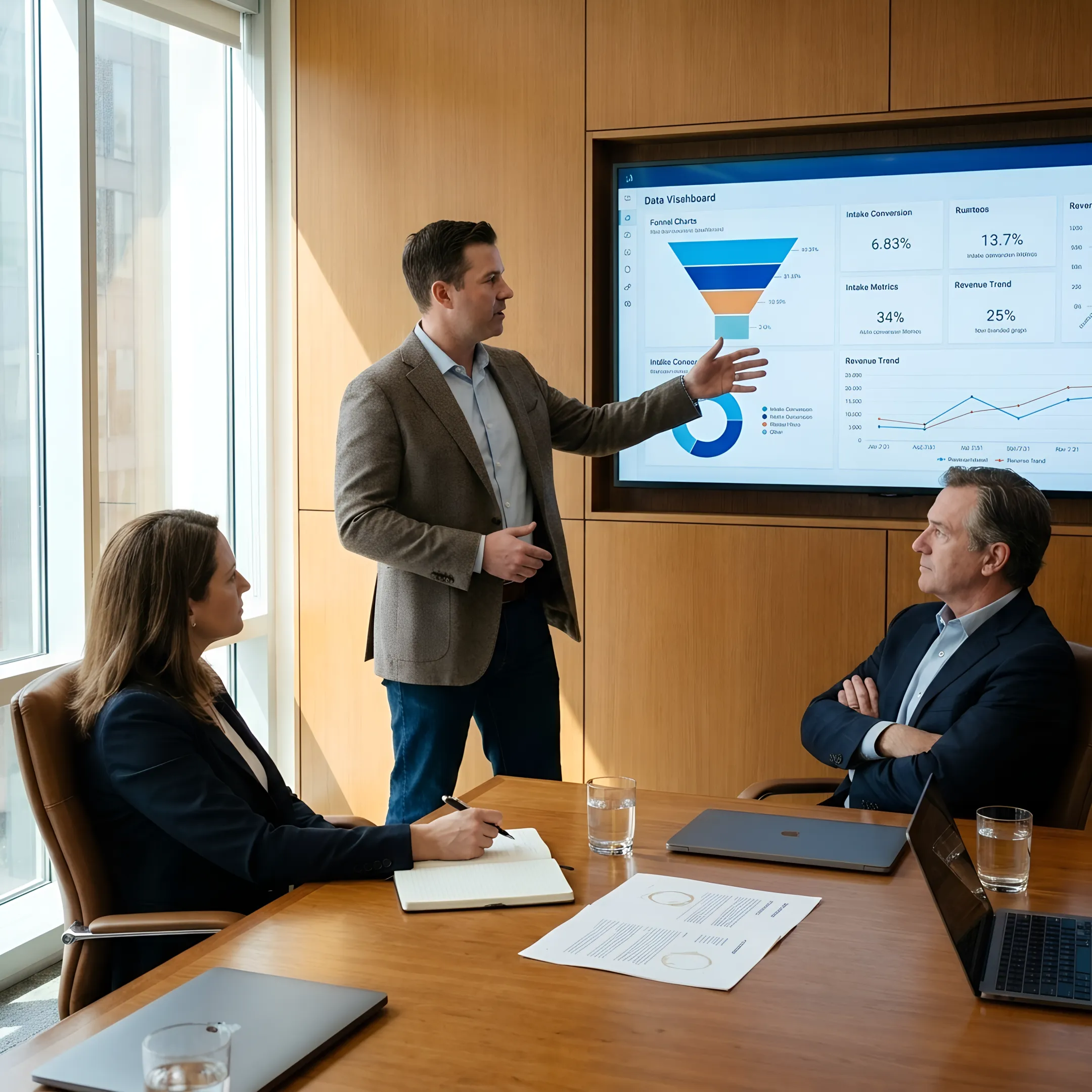 Consultant presenting law firm marketing and revenue analytics