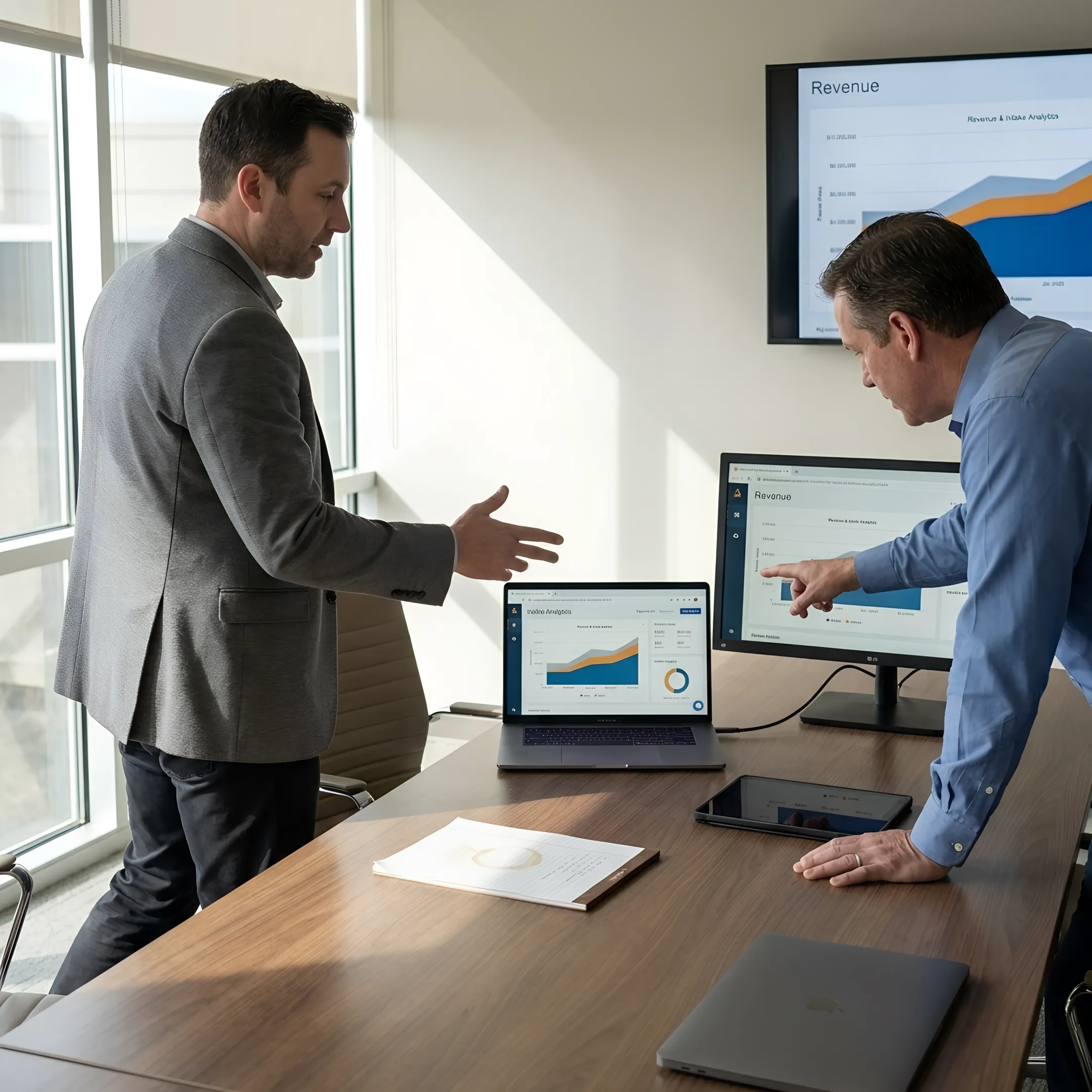 Legal marketing consultant reviewing law firm profitability data with attorneys