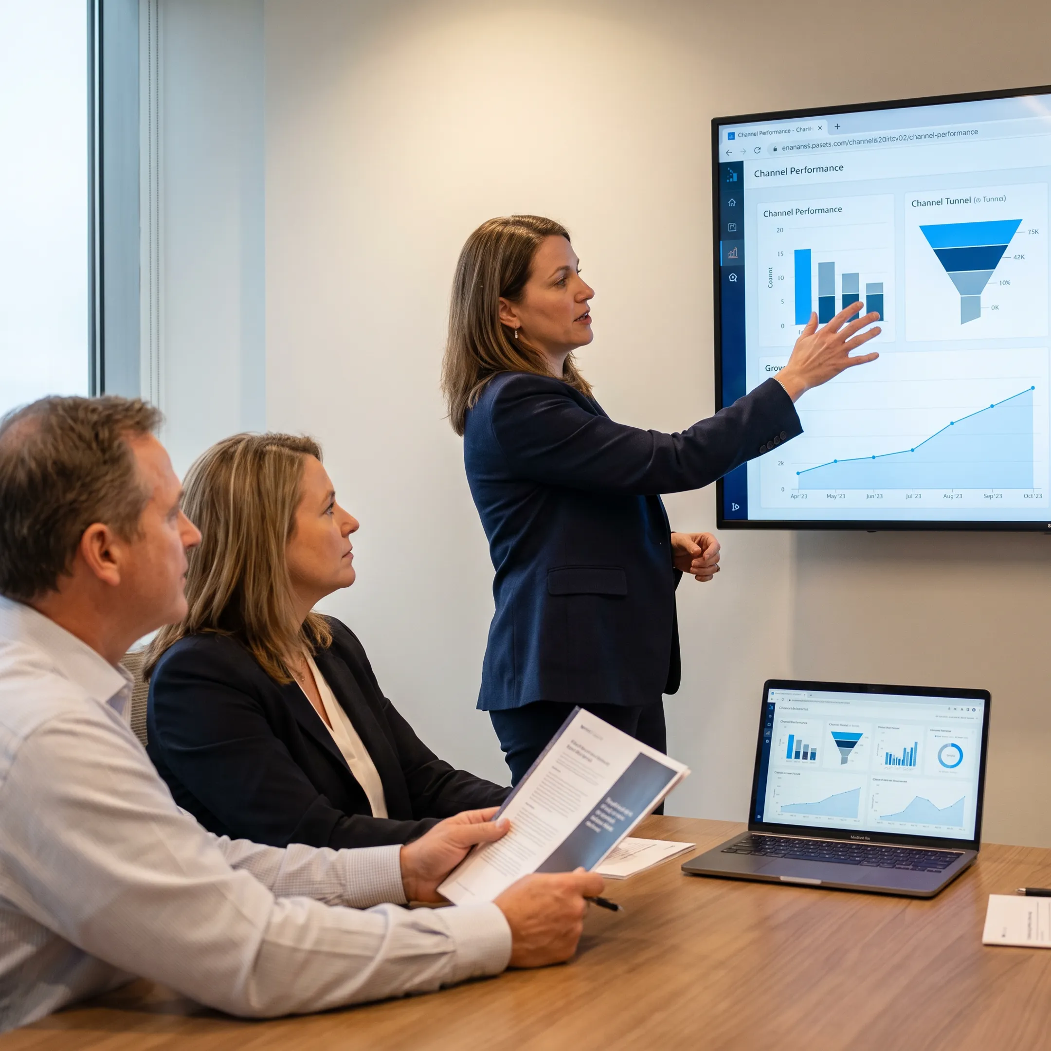 Law firm leaders reviewing marketing performance with a strategic advisor