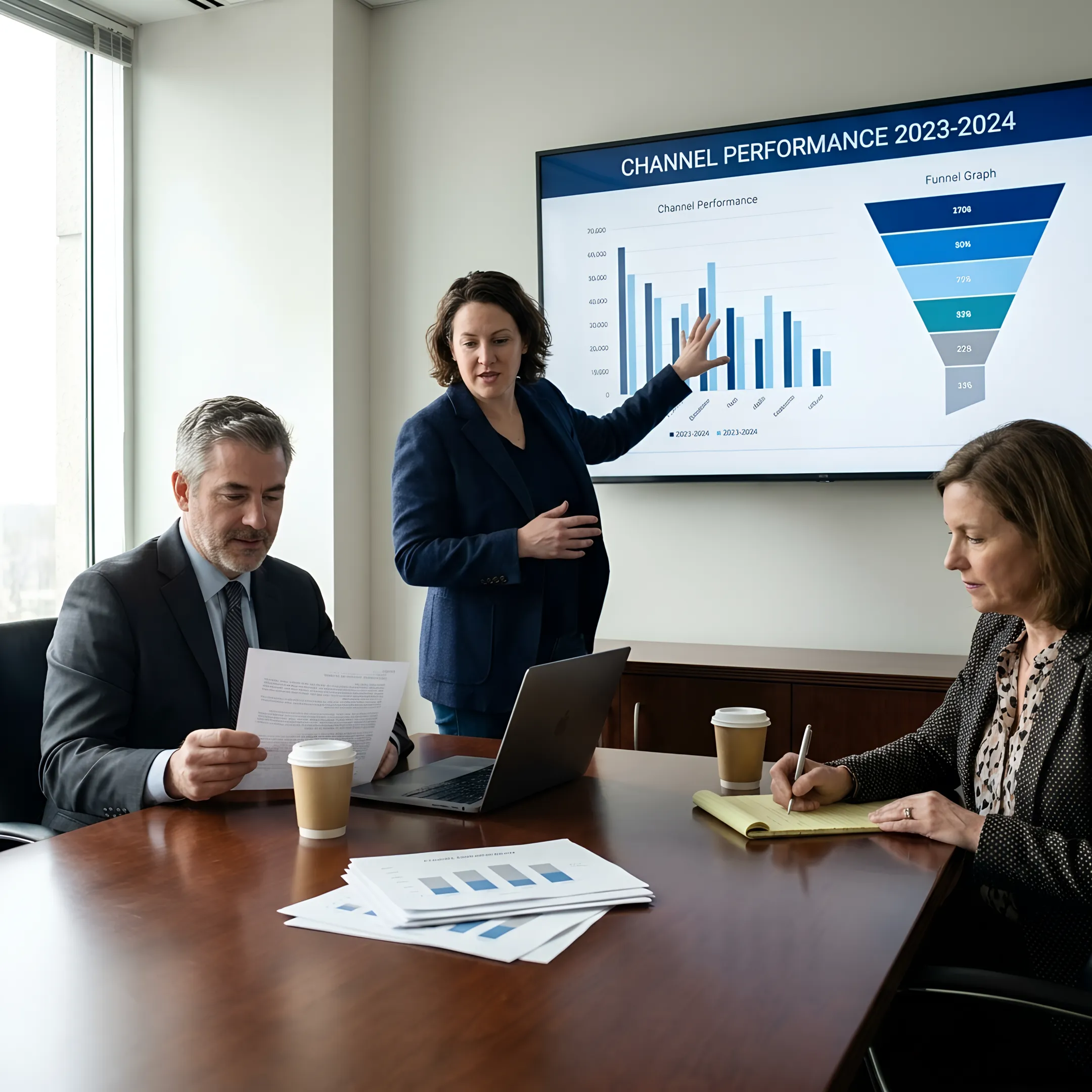 Legal marketing executive reviewing law firm growth strategy with partners