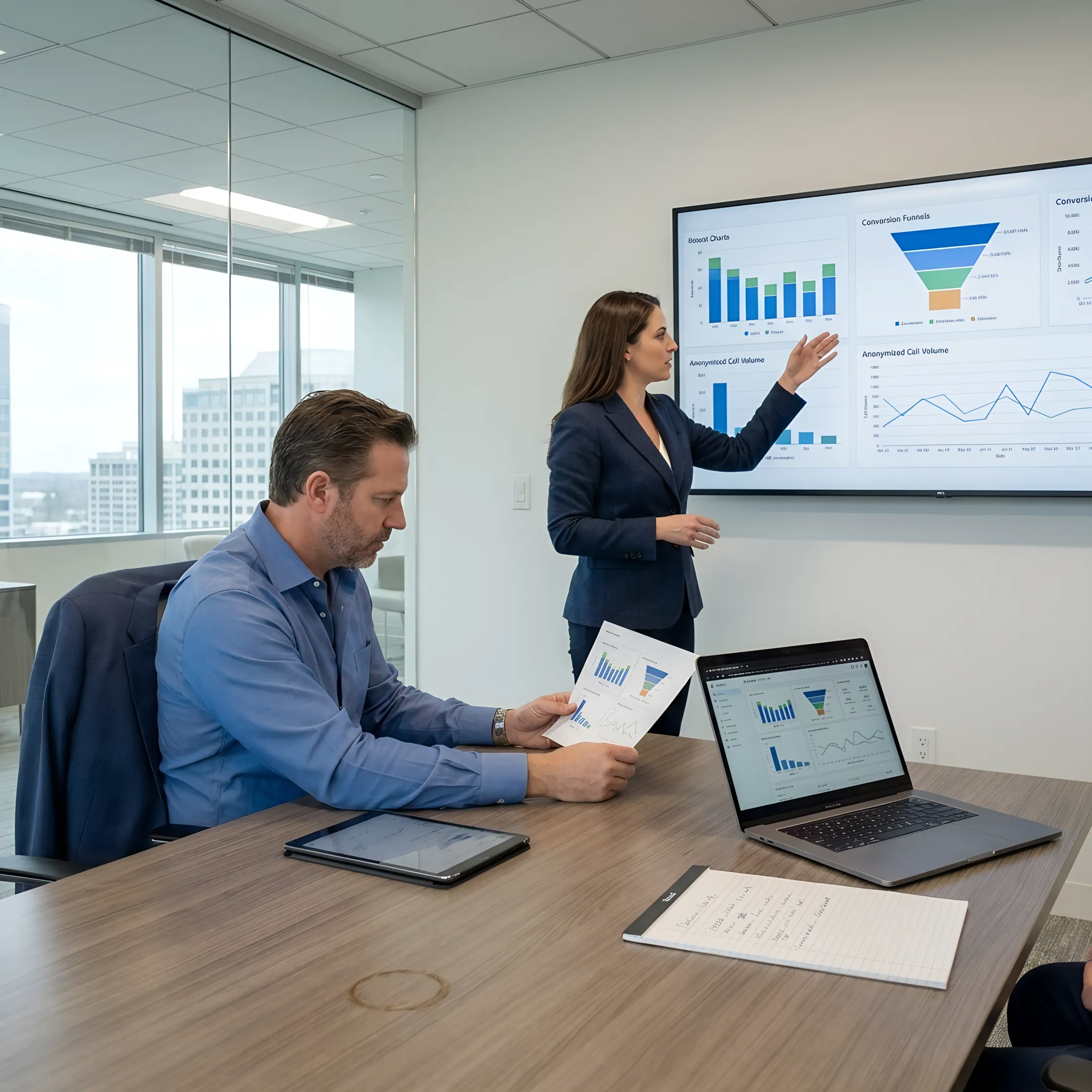 Consultant reviewing personal injury law firm intake performance with a legal team