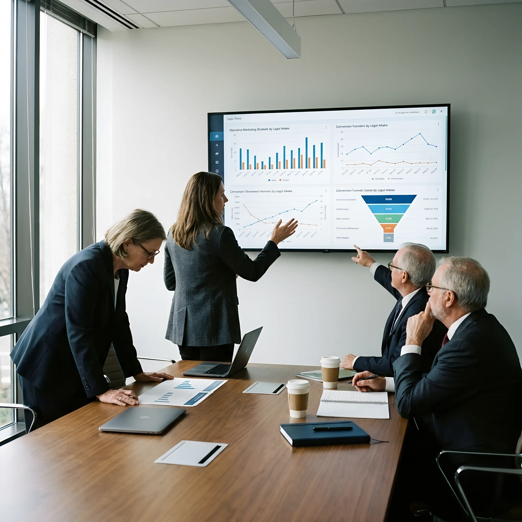 Consultant explaining law firm marketing performance dashboard