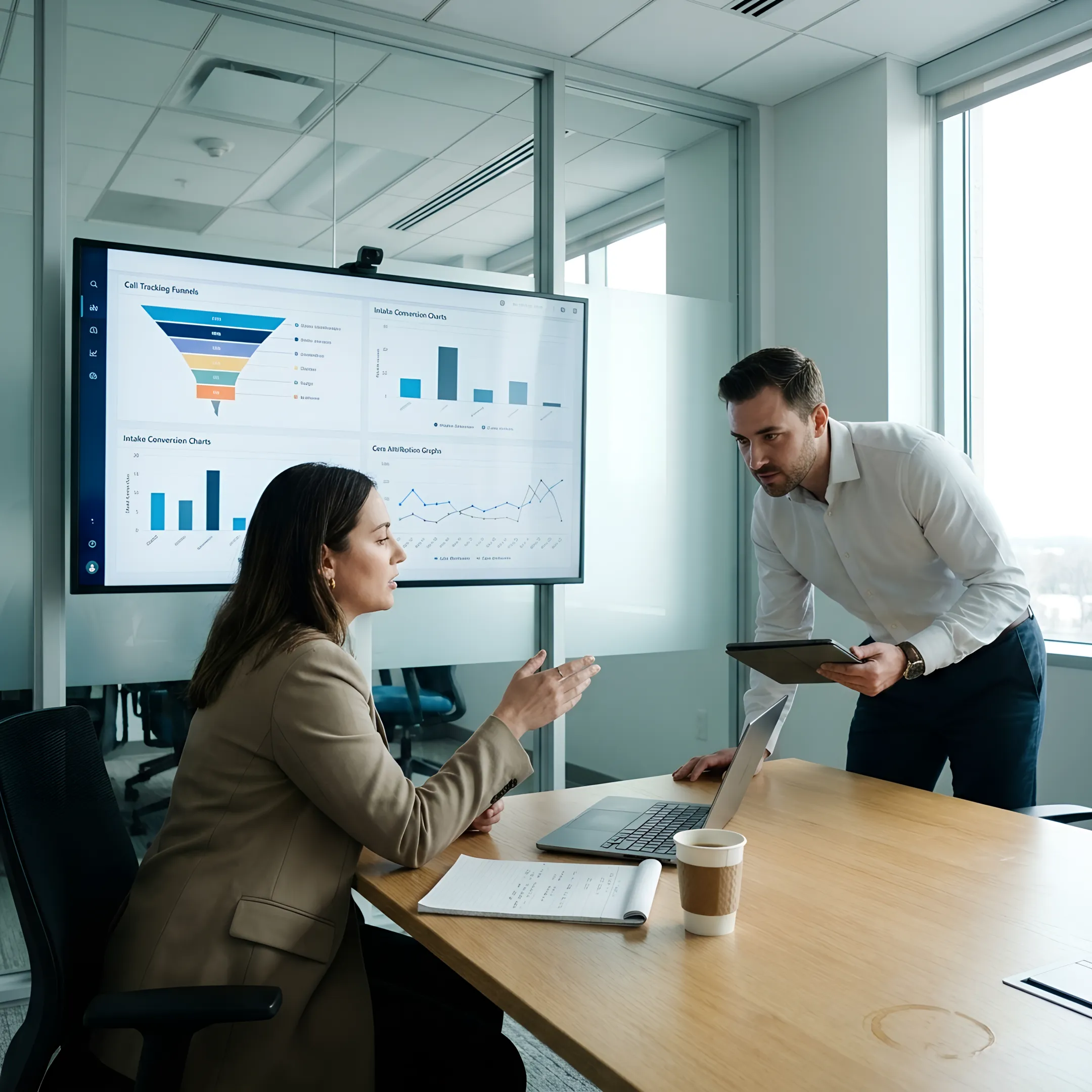 Legal marketing team reviewing call analytics and intake performance reports