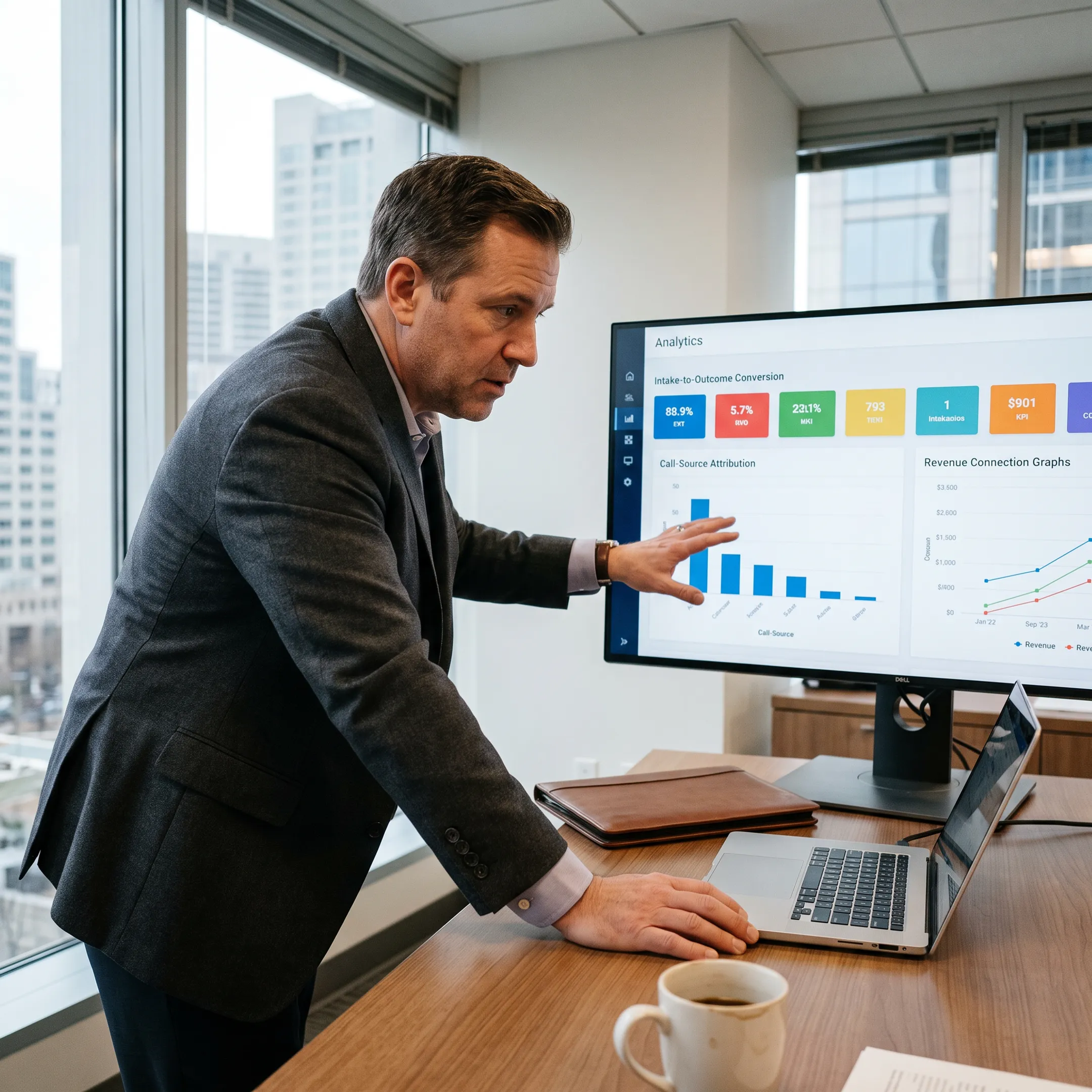 Law firm leader reviewing call attribution and intake conversion analytics