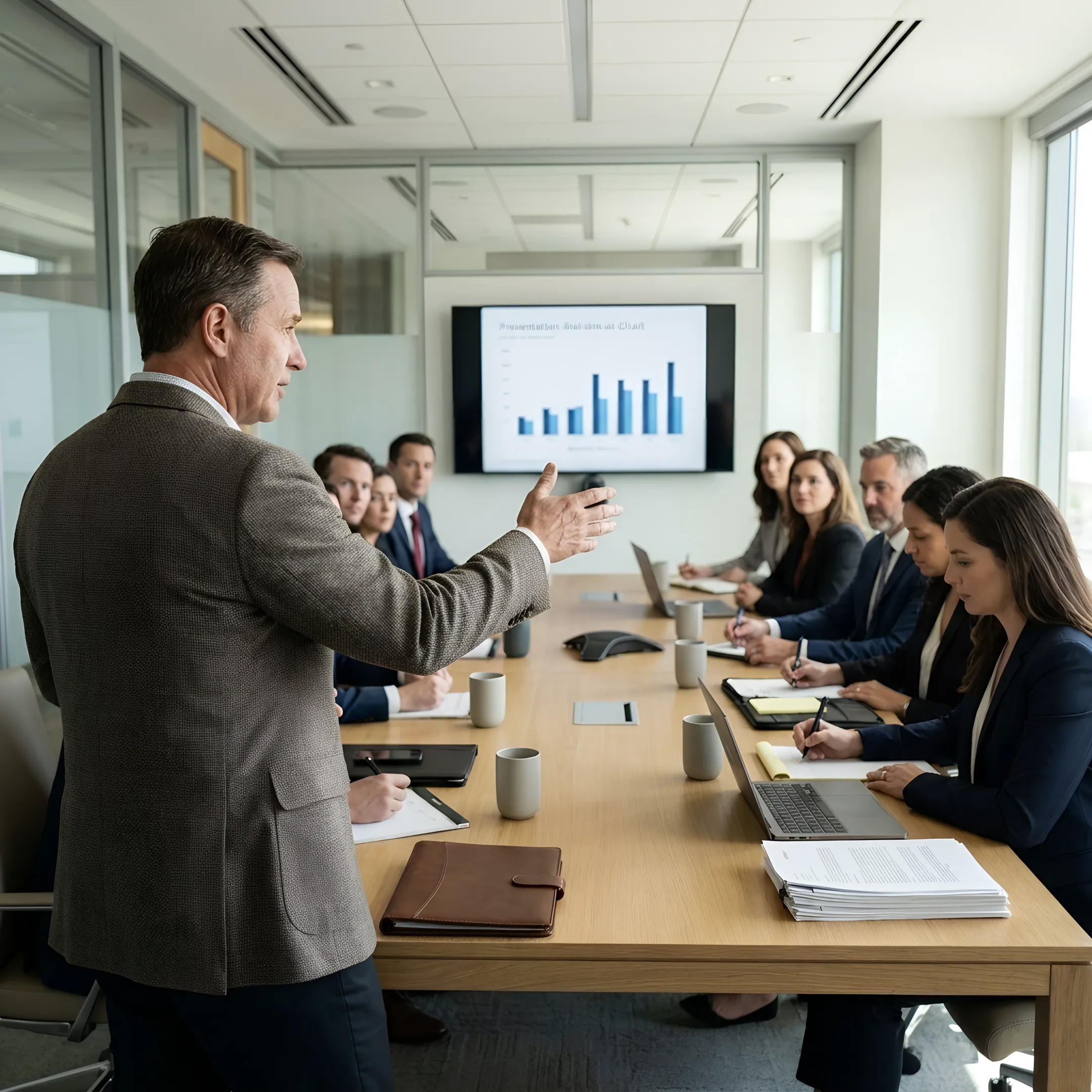 Law firm partner presenting confidently in a professional conference setting