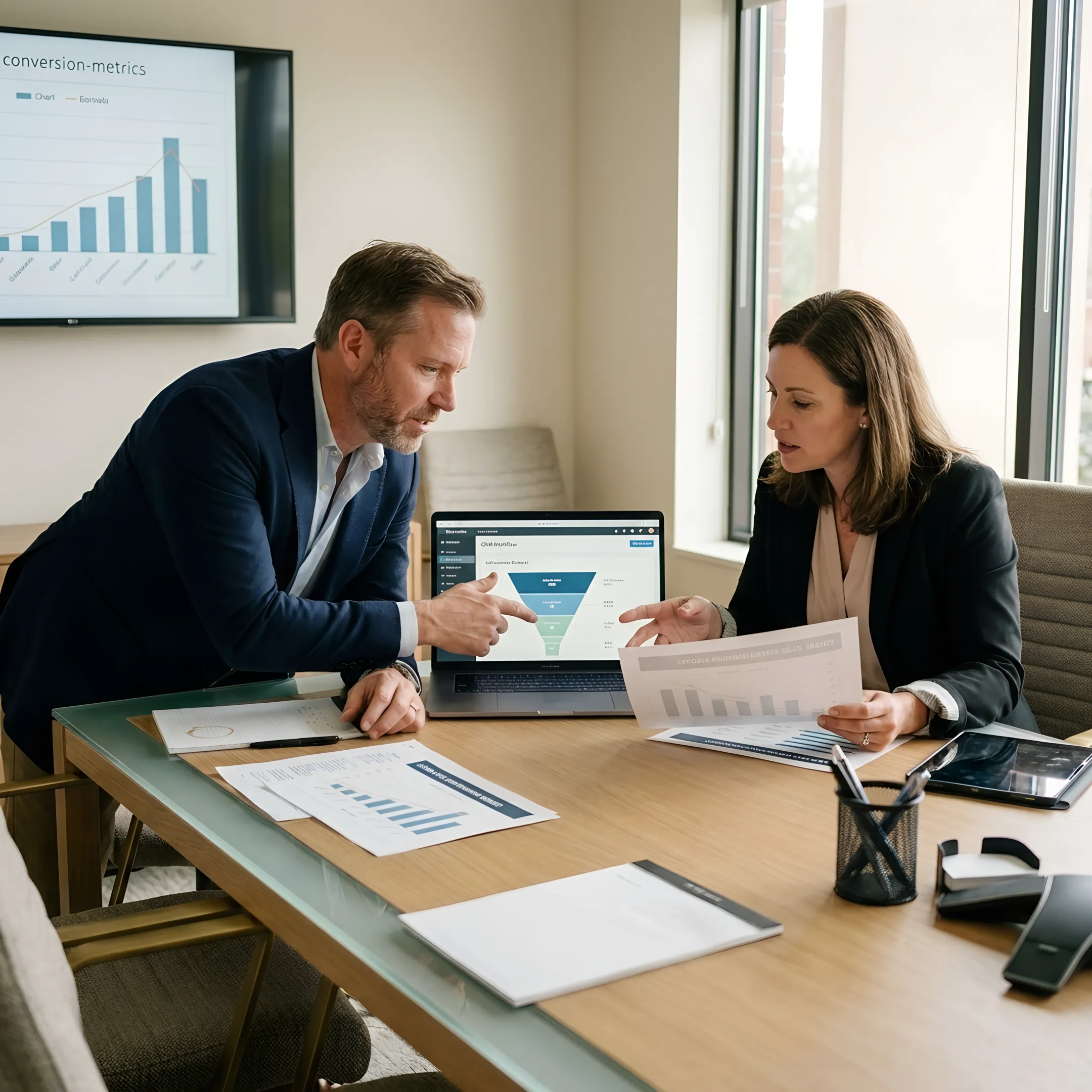Legal intake consultant reviewing law firm call data with a team