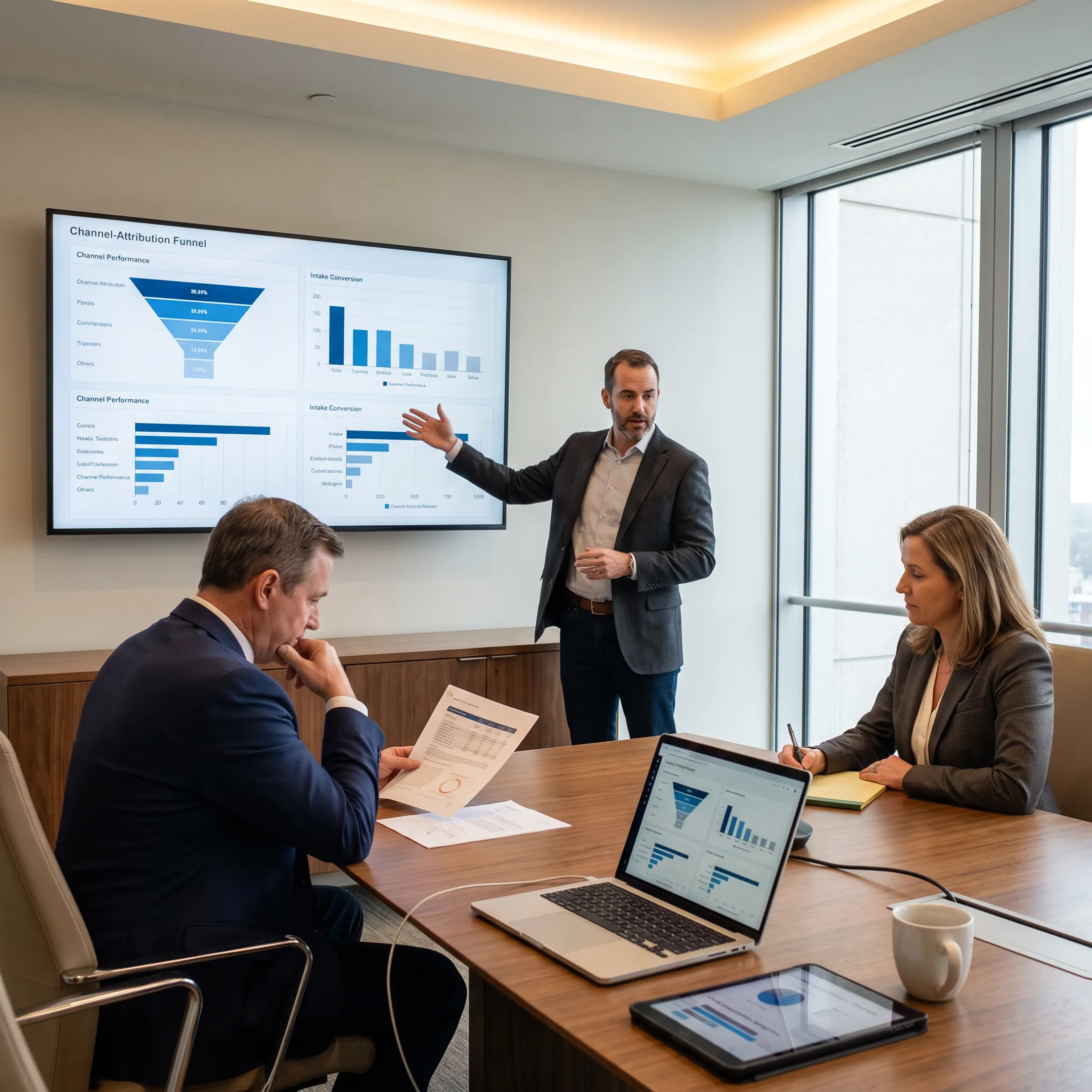 Marketing strategist presenting law firm performance insights
