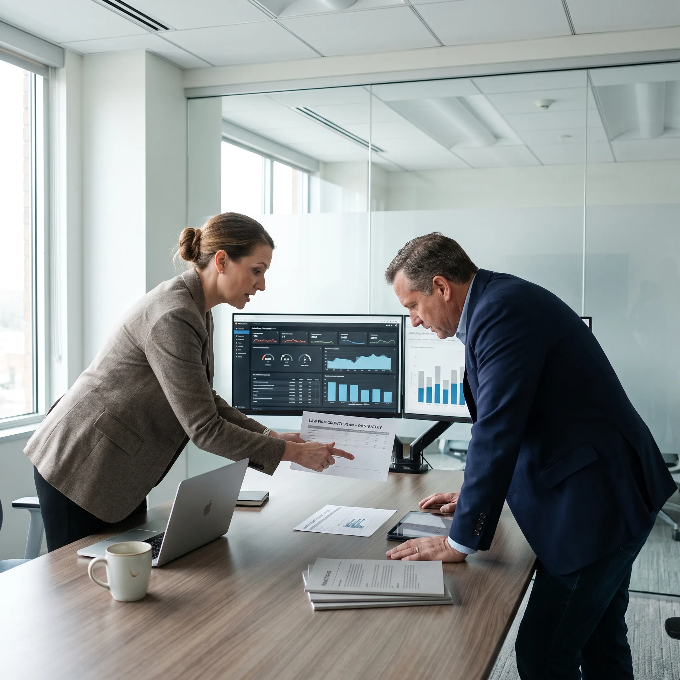 Legal marketing team reviewing law firm growth strategy and performance data