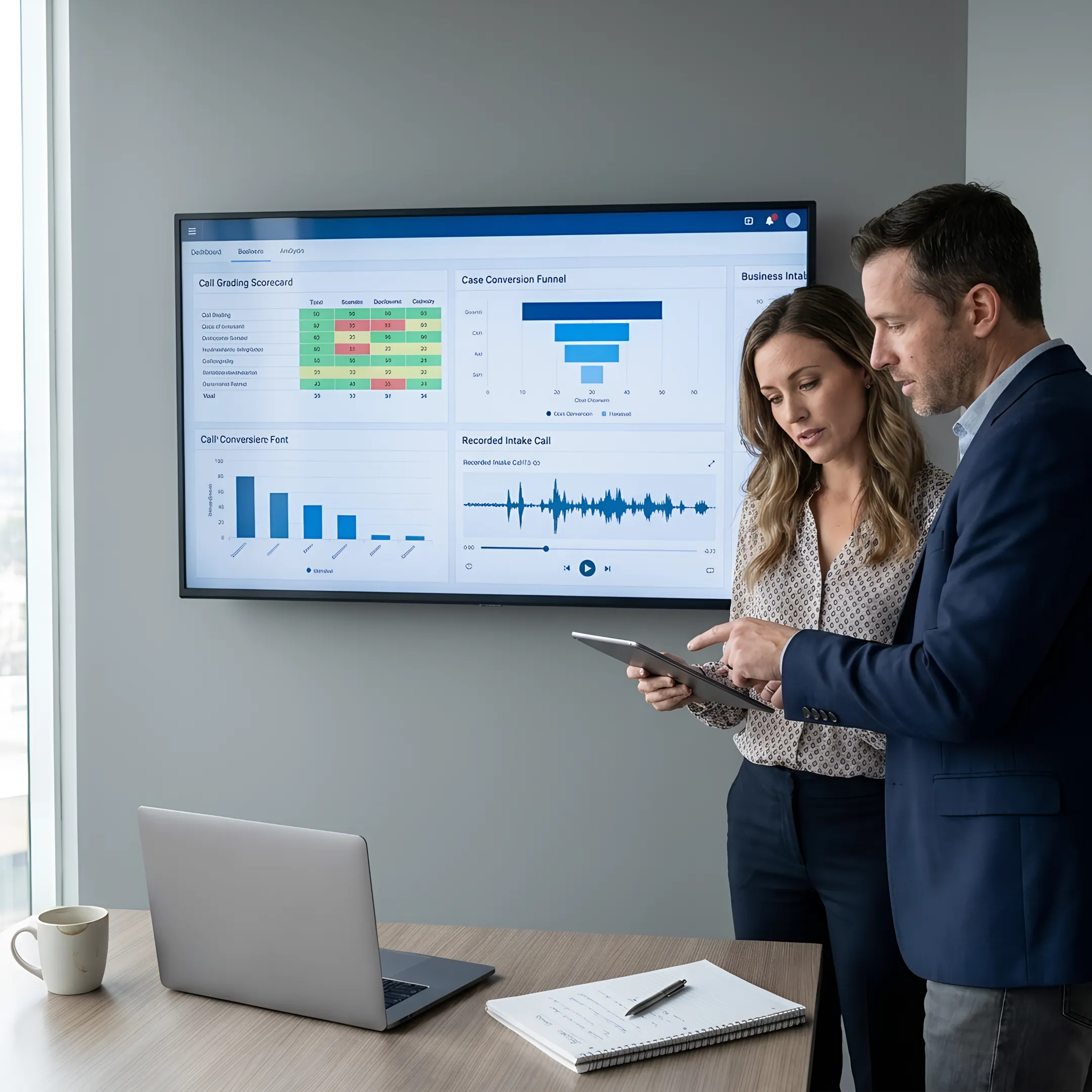 Legal marketing team analyzing intake call performance and case conversion data