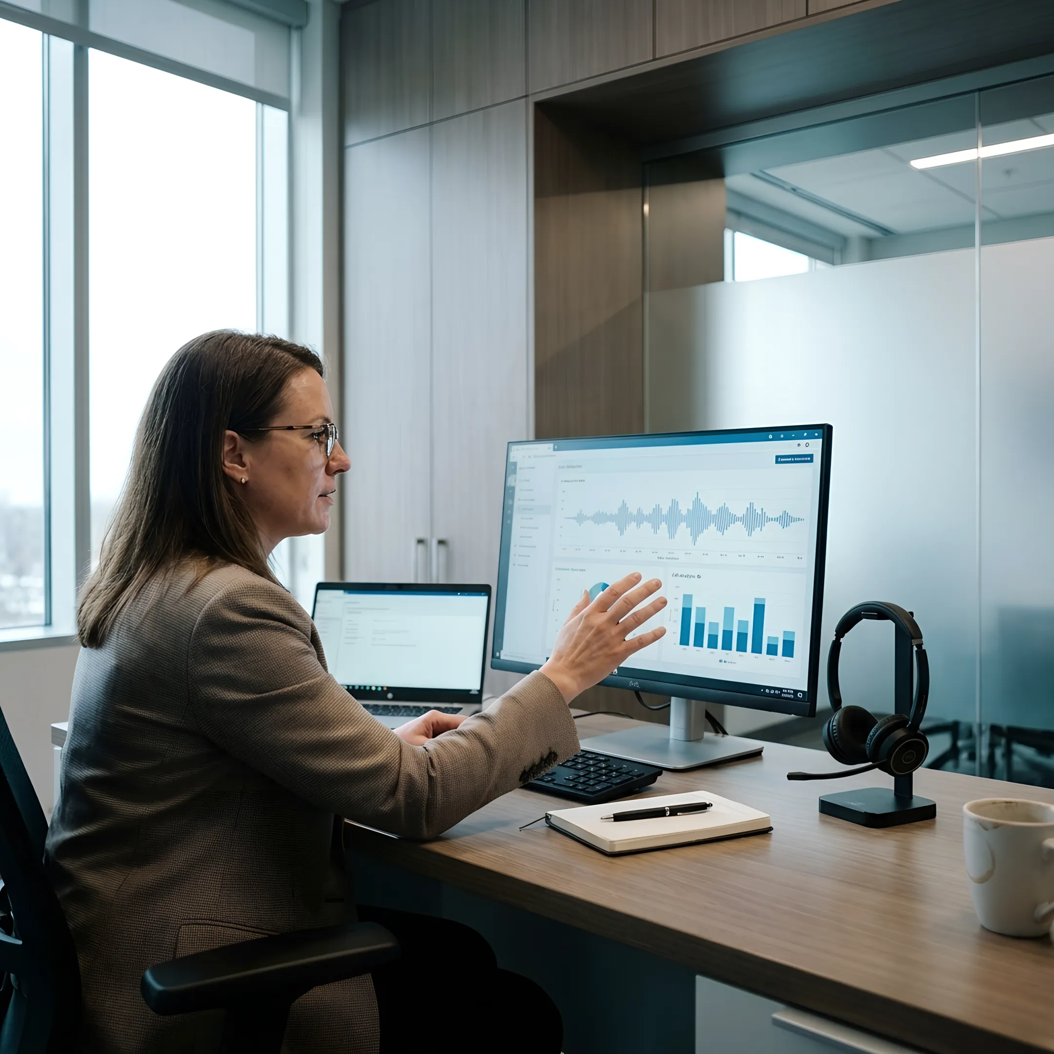 Law firm intake specialist reviewing a call analytics dashboard with coaching notes