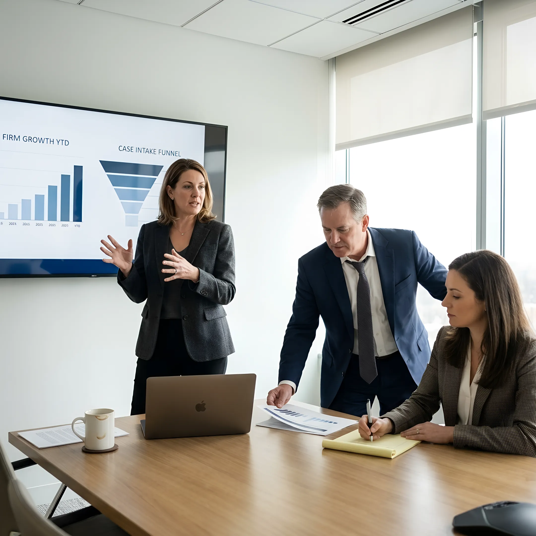 Legal marketing strategist reviewing a growth plan with law firm partners
