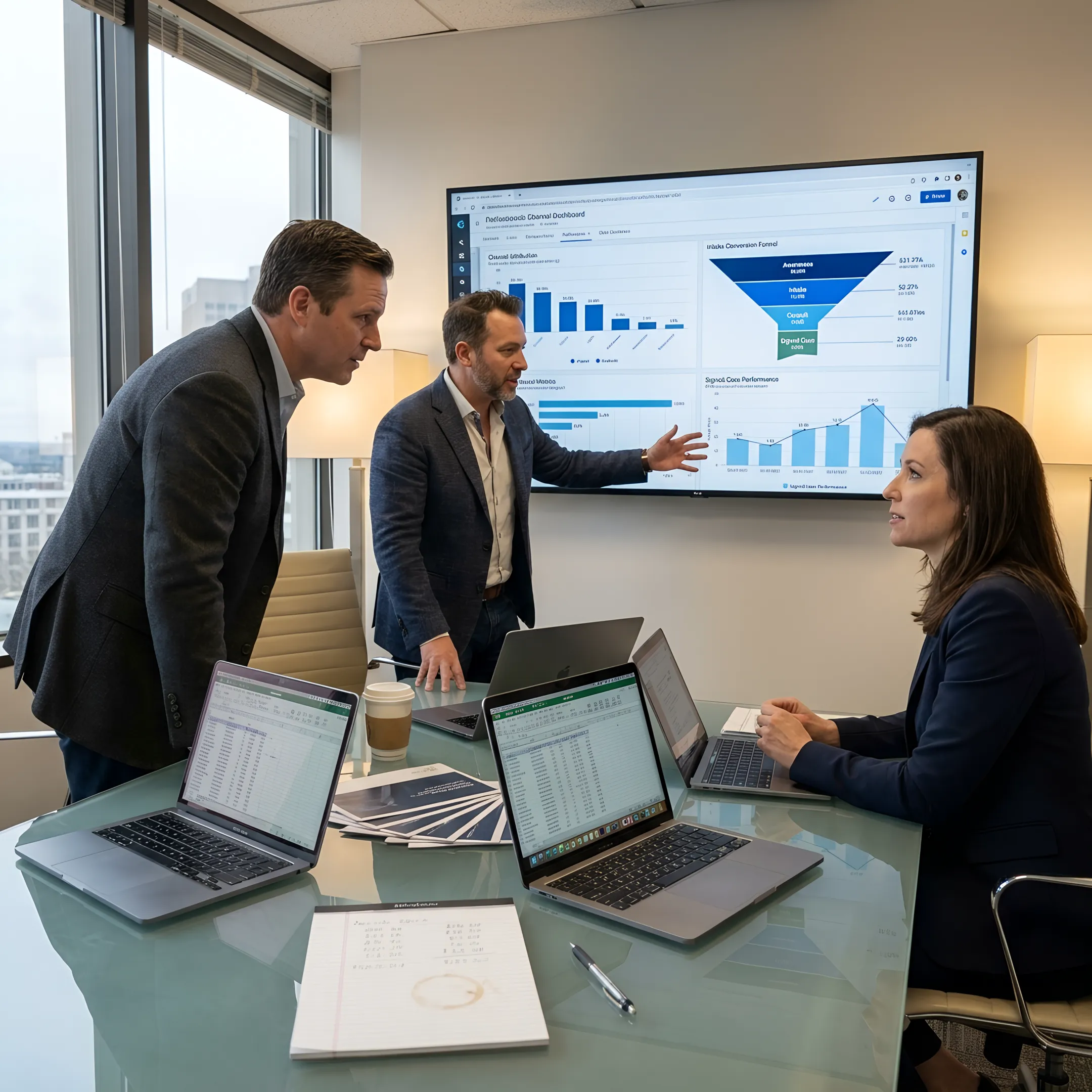 Law firm leaders analyzing marketing performance and signed-case data