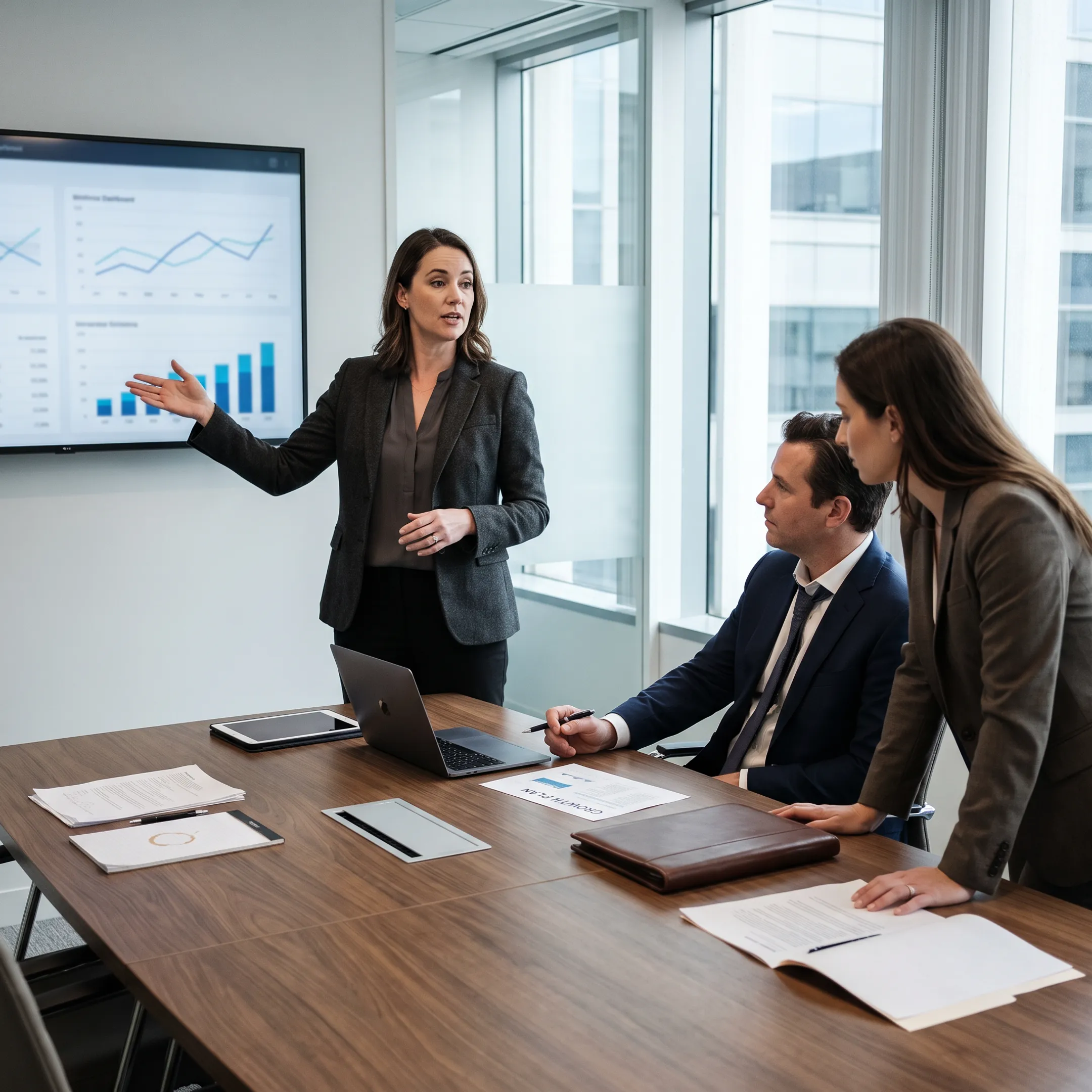 Marketing strategist reviewing growth data with law firm leadership