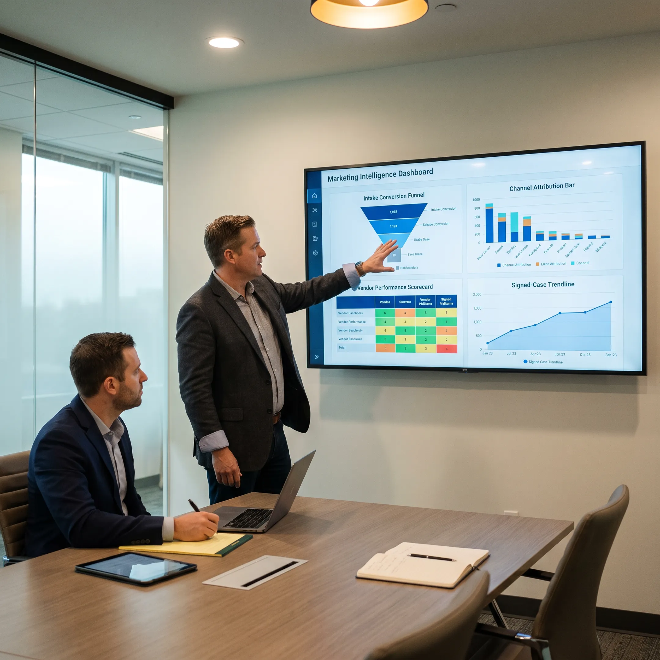 Legal marketing dashboard showing channel and intake performance