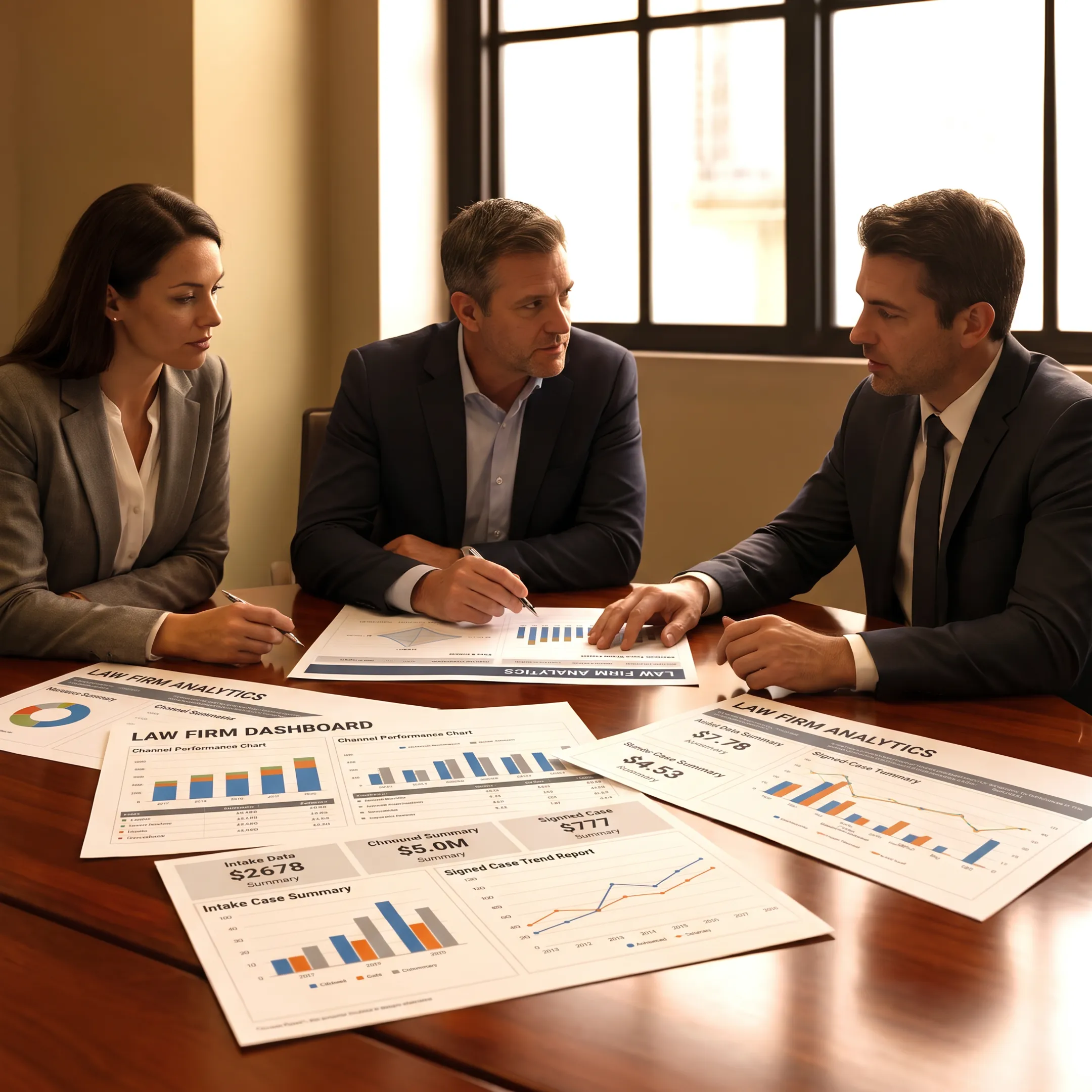 Legal marketing team reviewing law firm analytics dashboards and campaign performance data